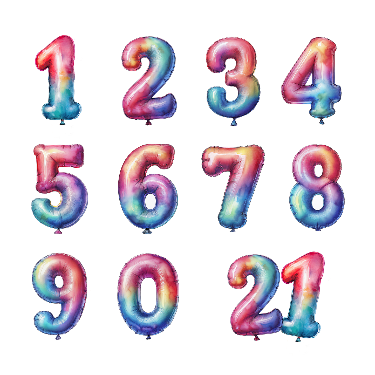 Set of colourful watercolour number balloons on a white background