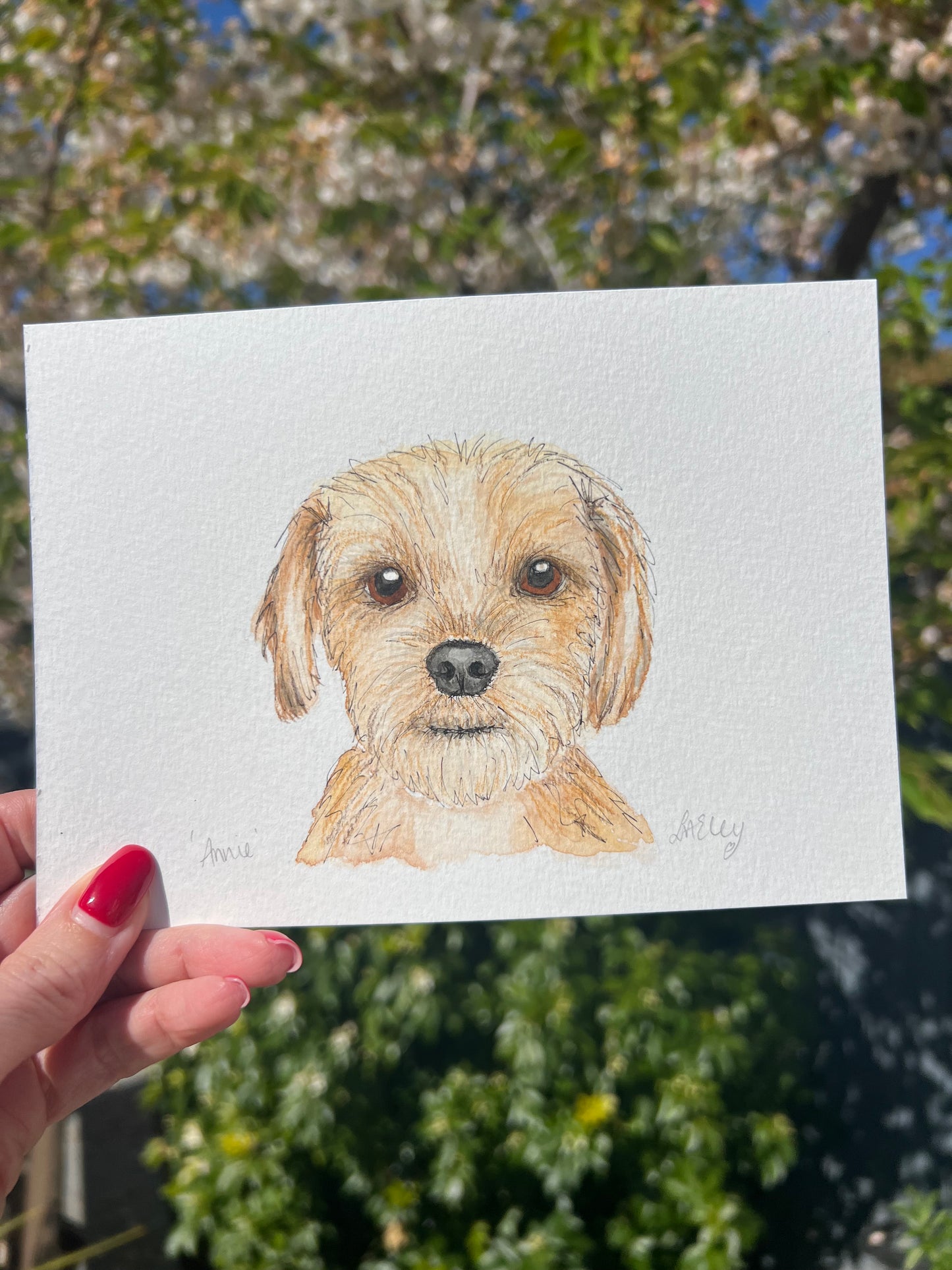 Watercolour painting of a Yorkshire Terrier dog named Annie with a garden background.