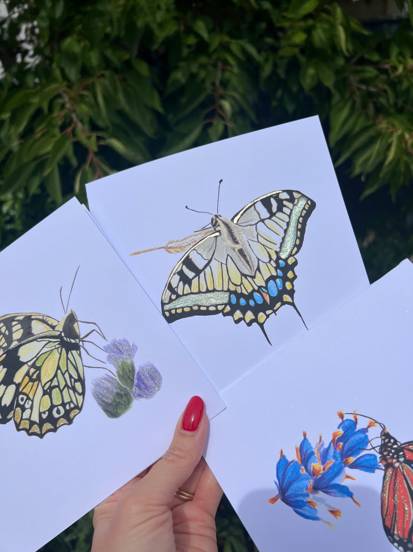 Hand holding a card with Swallowtail butterfly illustrations against a natural background with metallic gold and grey accents.