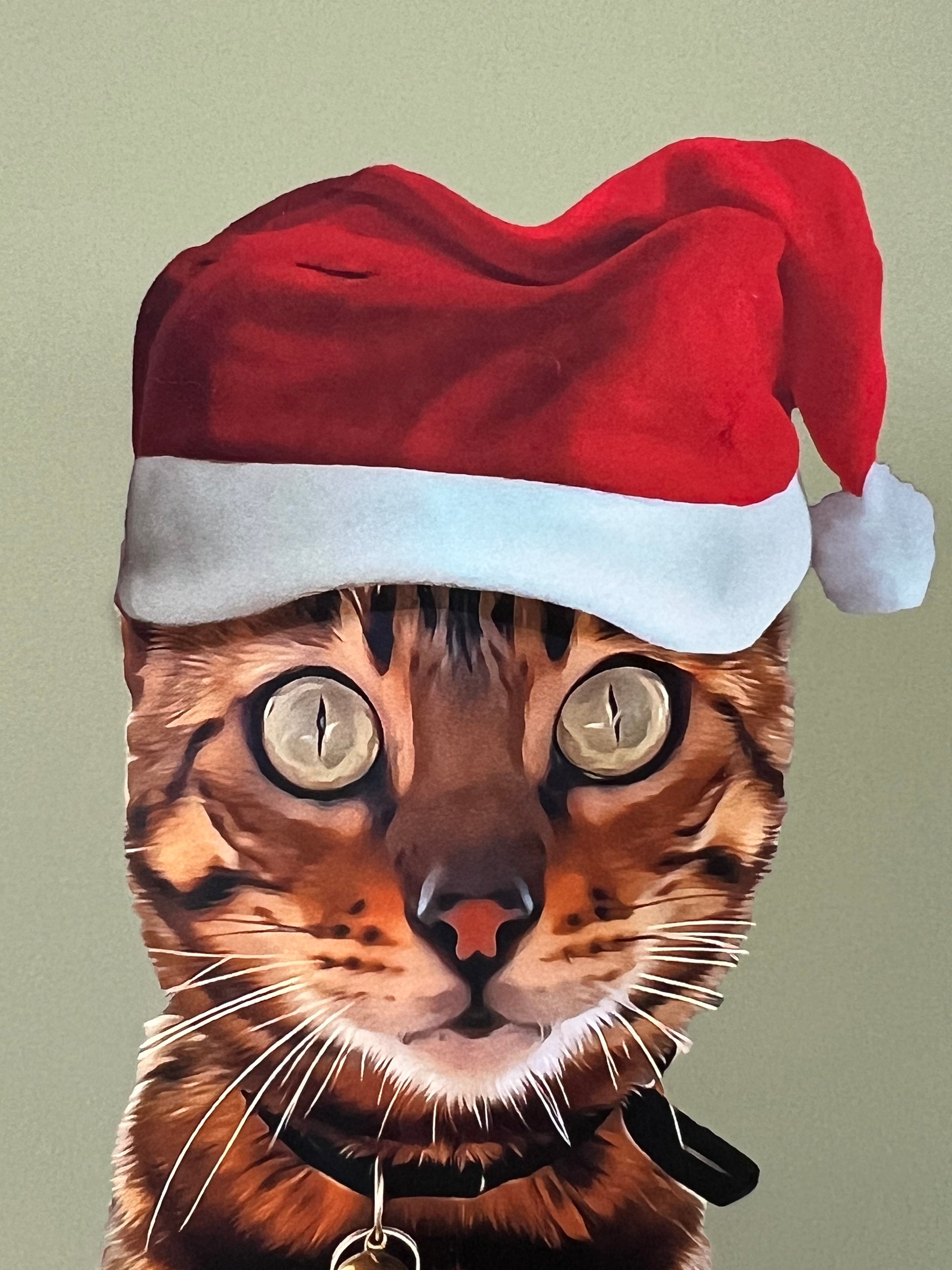 Close up of Artwork of a Bengal Cat wearing a Santa hat.