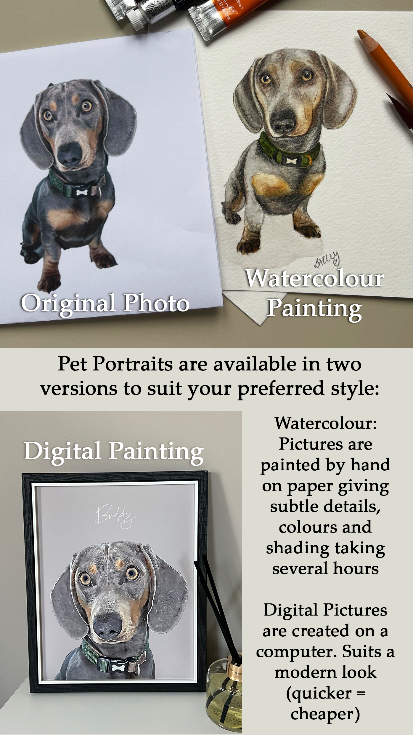 Comparison of a dachshund pet portrait in original photo, watercolour painting, and digital painting styles.
