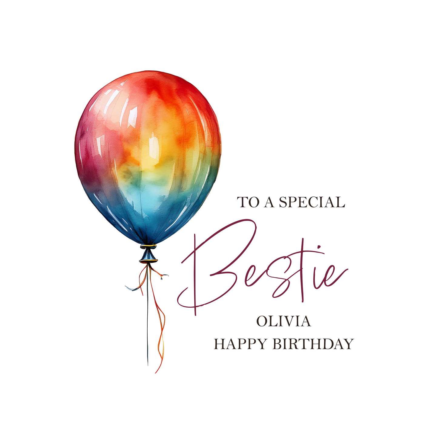 Personalised Colourful balloon with 'Happy Birthday' Bestie text on a white background