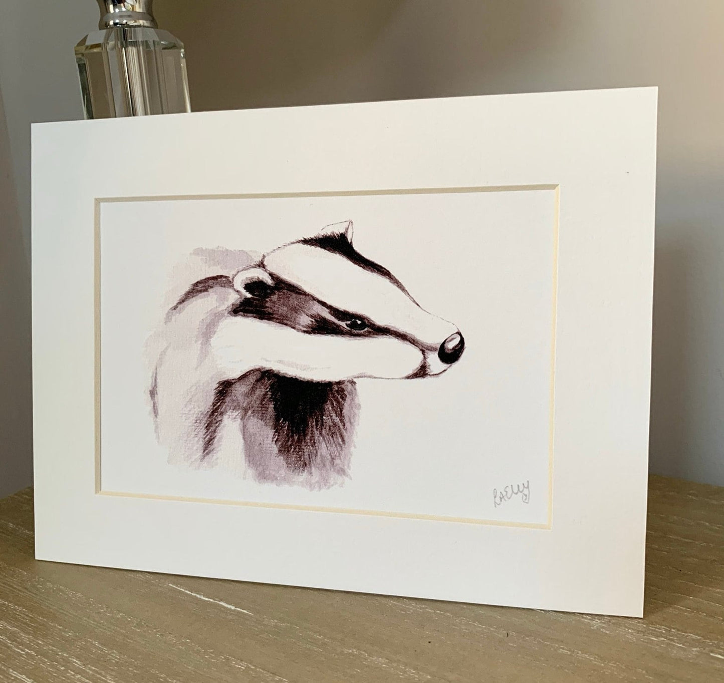 Watercolour young badger painting in grey tones with white mount.