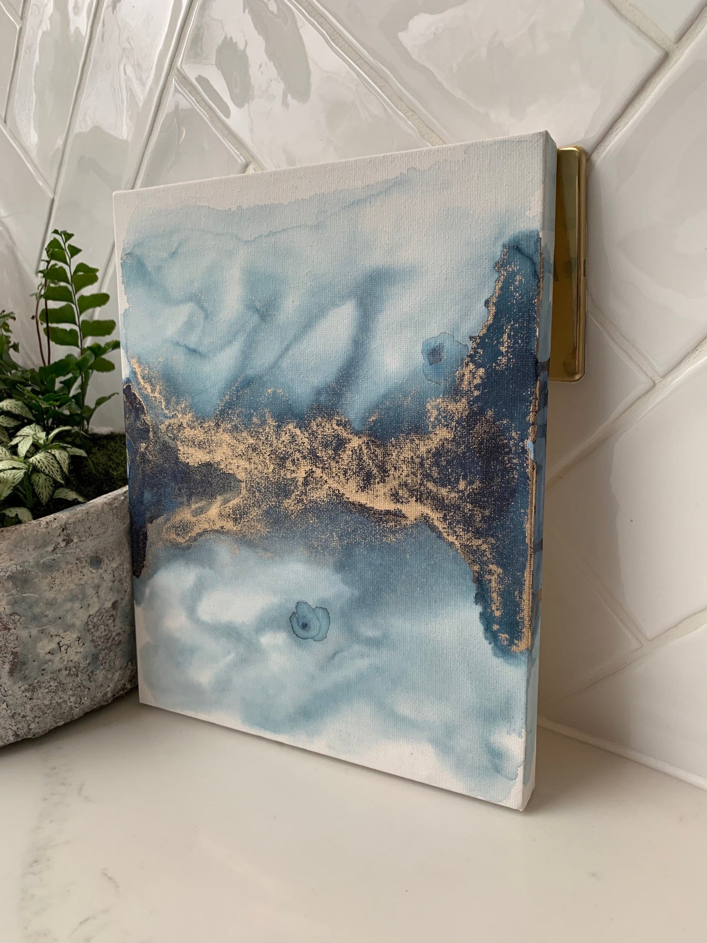 Serenity Horizon: The Warmth of Gold in a Midnight Blue Sky Ink 10x8 inch Canvas