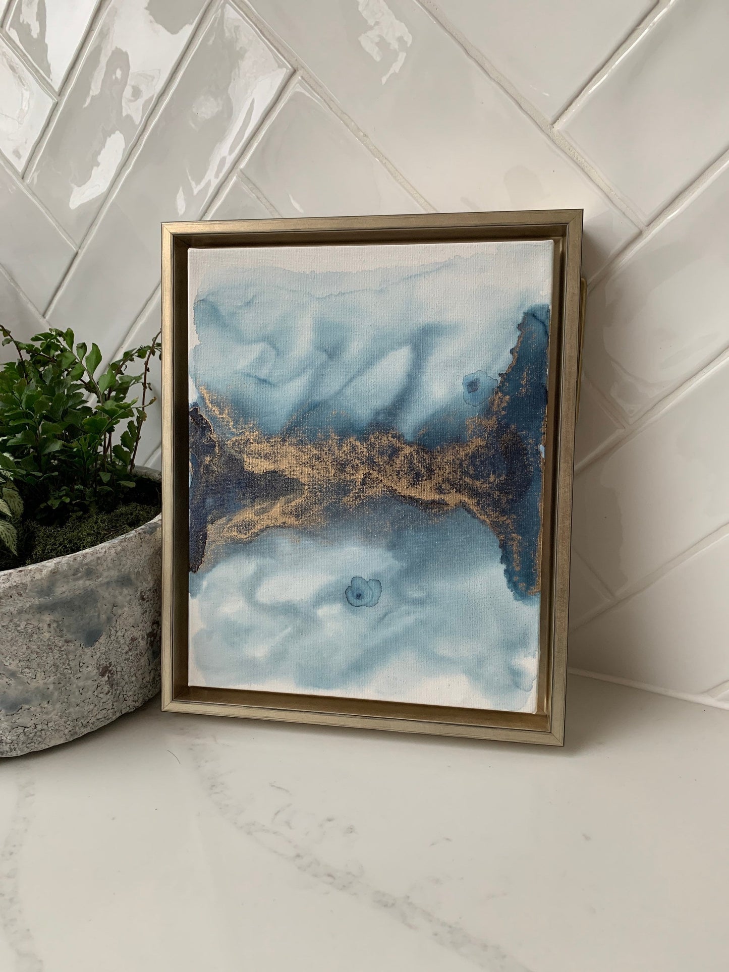 Serenity Horizon: The Warmth of Gold in a Midnight Blue Sky Ink 10x8 inch Canvas