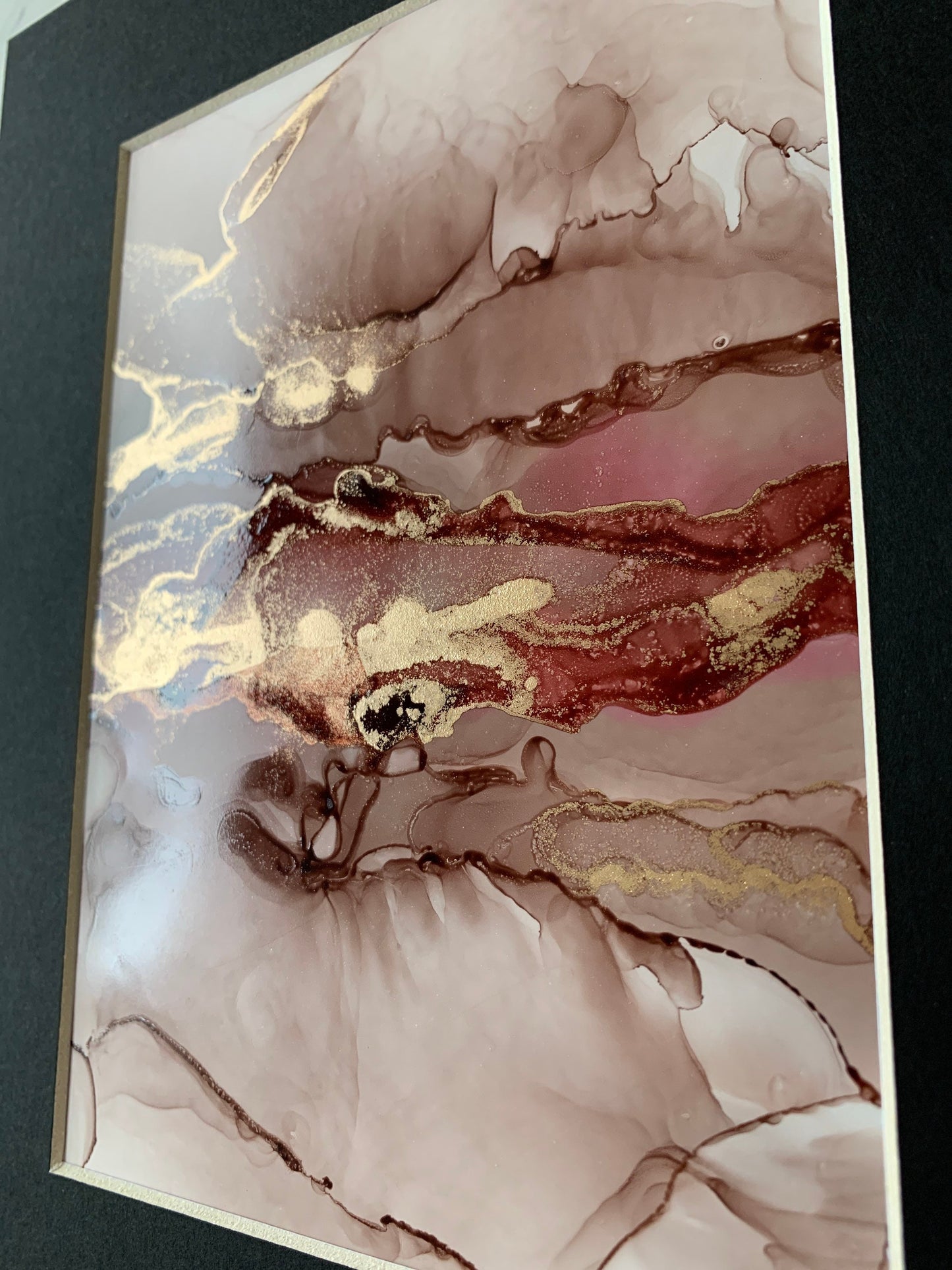 An A5 size bold pink and gold metallic ink artwork on Yupo paper.