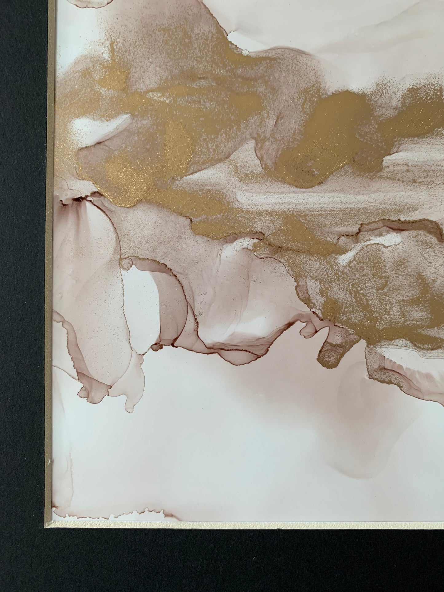 An A5 size contemporary ink painting with pink and gold metallic colours.