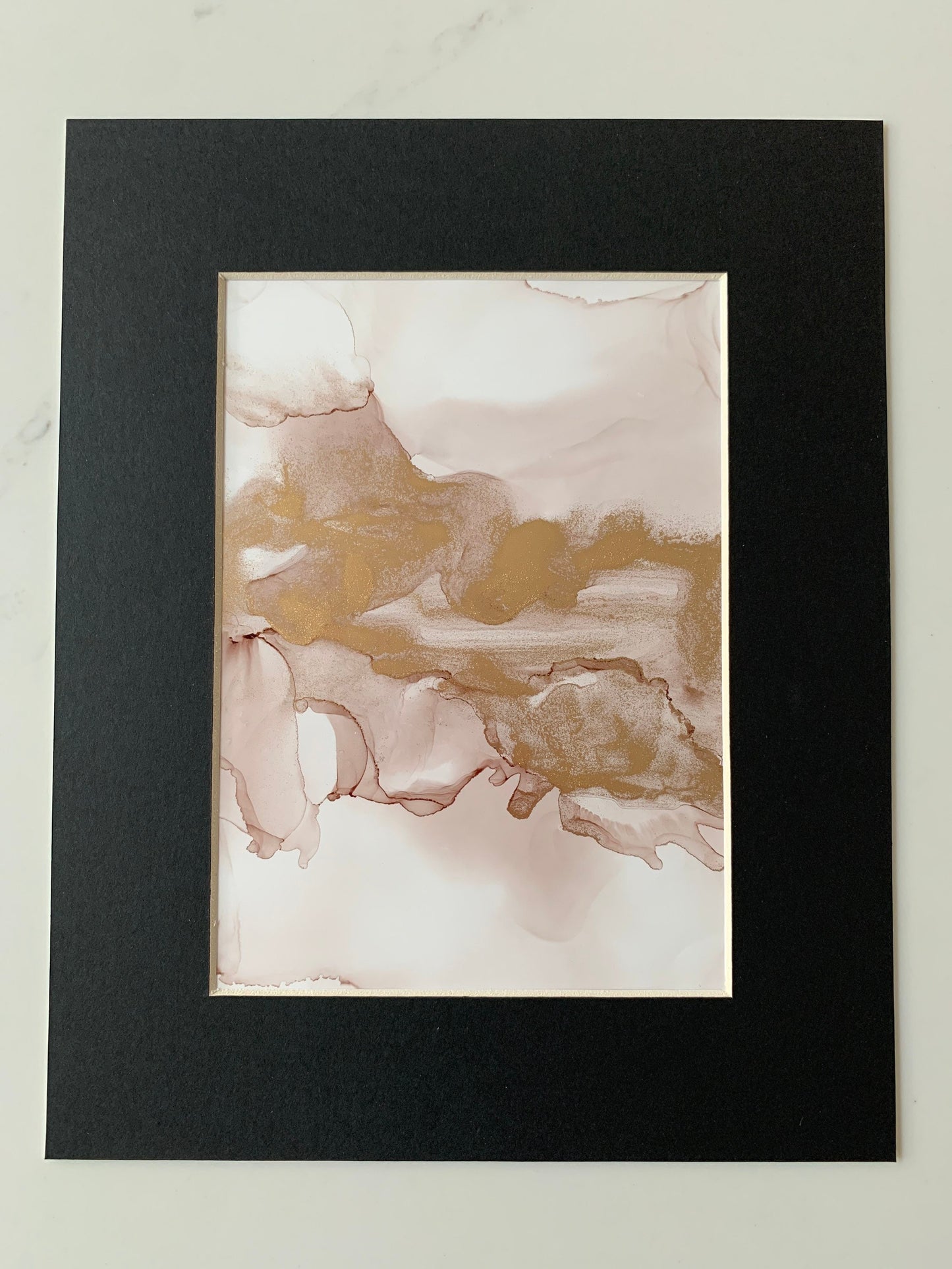 An A5 size contemporary ink painting with pink and gold metallic colours.
