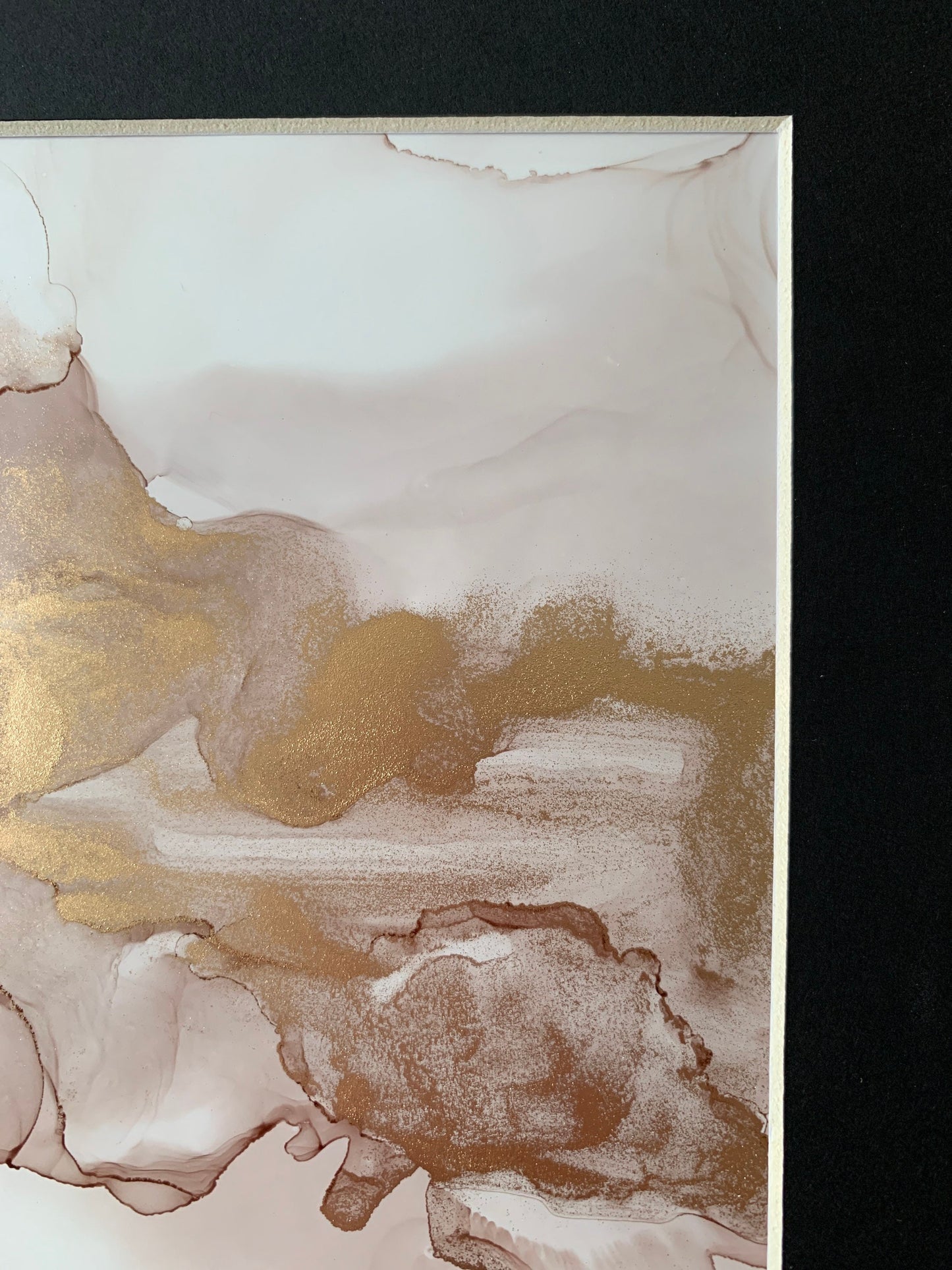 An A5 size contemporary ink painting with pink and gold metallic colours.
