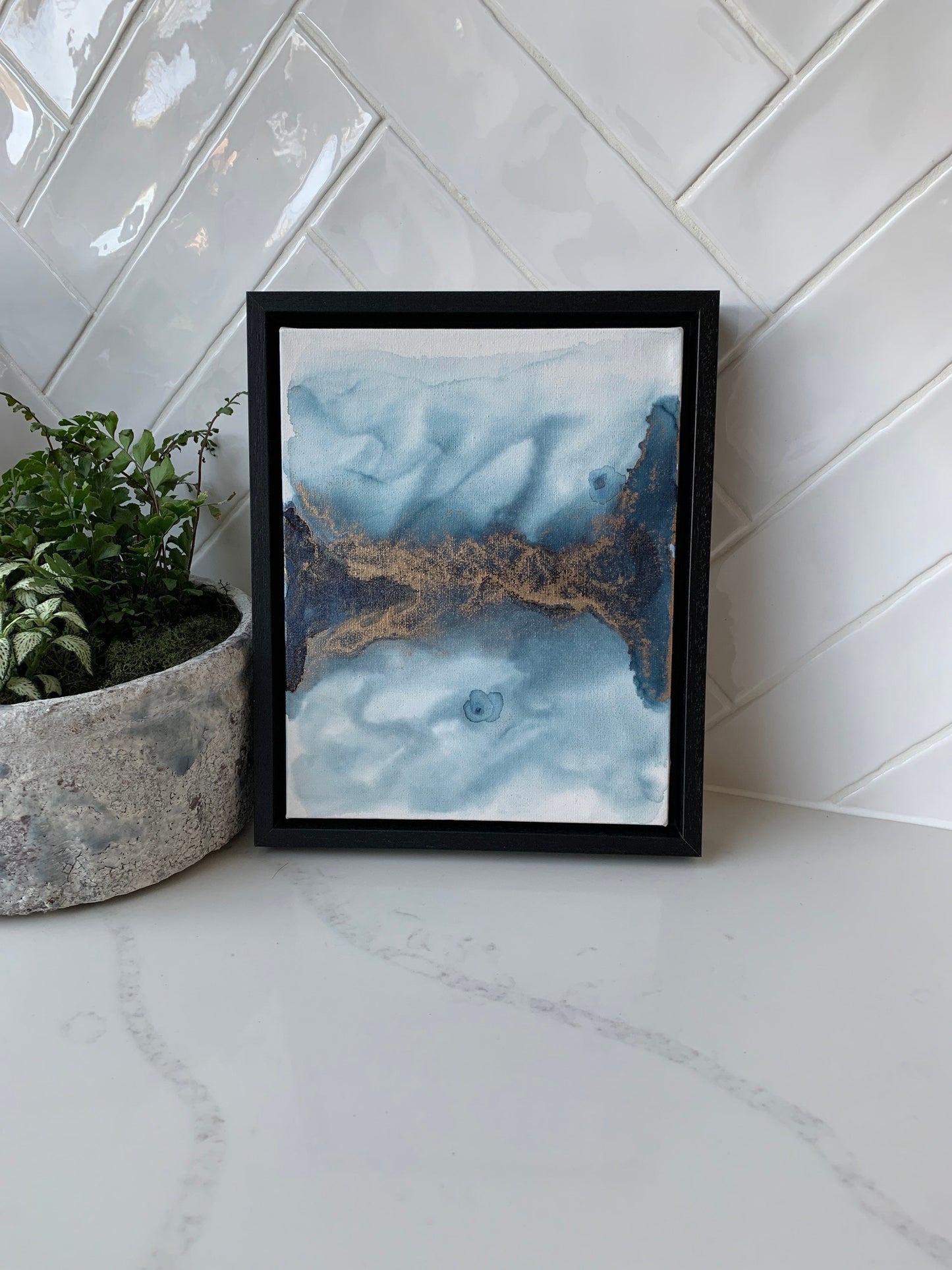 Serenity Horizon: The Warmth of Gold in a Midnight Blue Sky Ink 10x8 inch Canvas