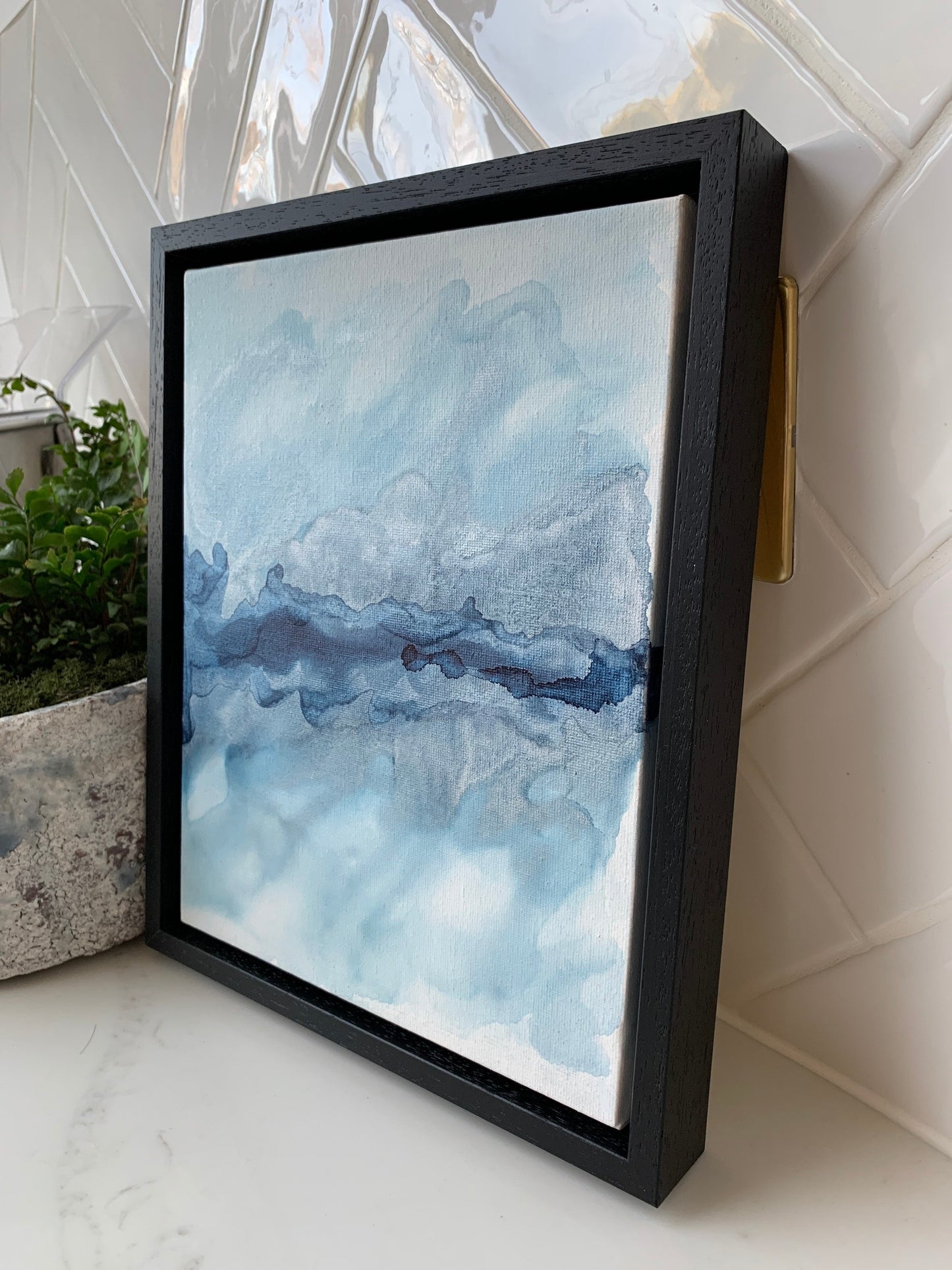 Celestial Calm: Midnight Blues and Radiant Silver Ink 10x8 inch Canvas