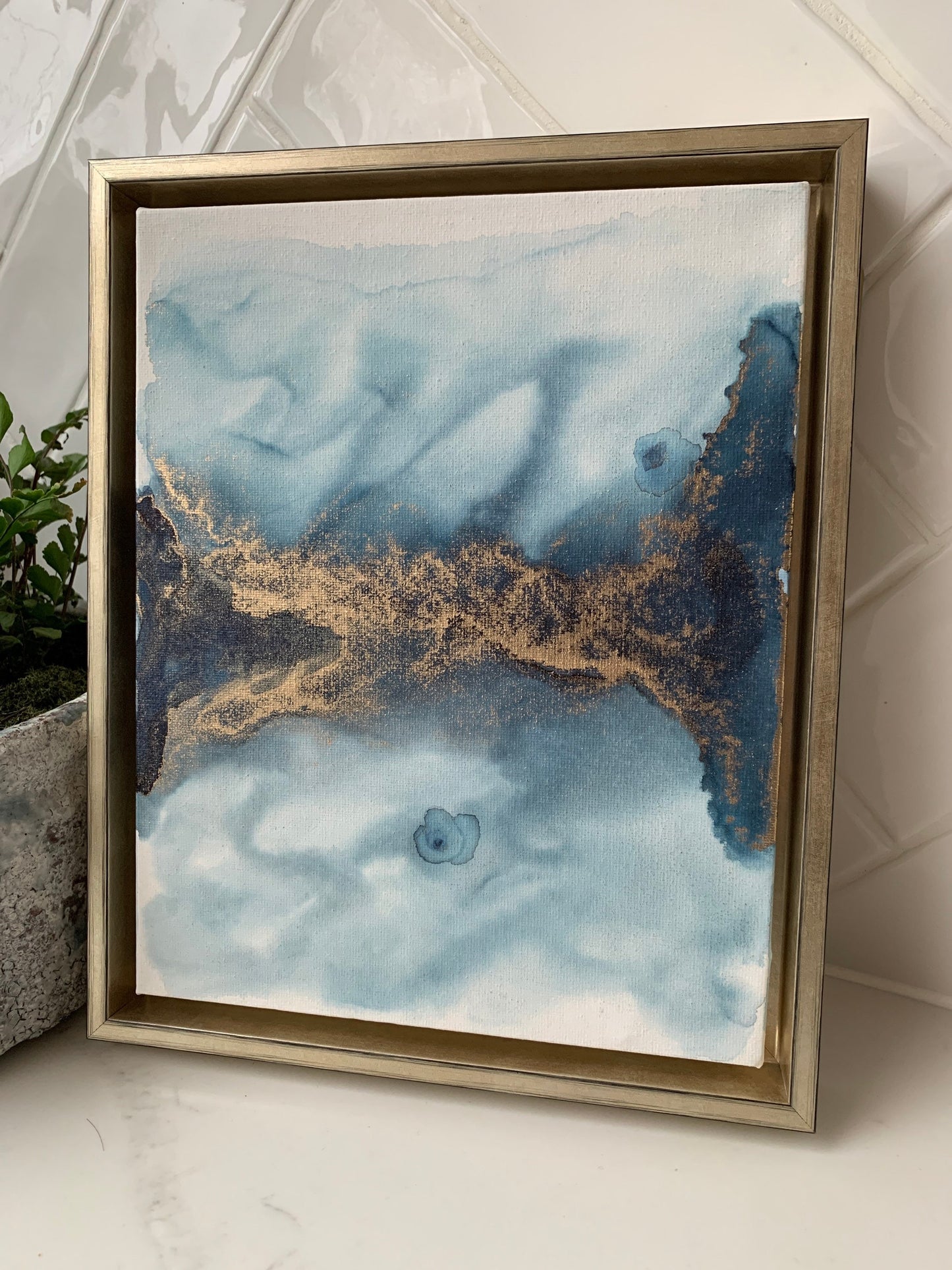 Serenity Horizon: The Warmth of Gold in a Midnight Blue Sky Ink 10x8 inch Canvas