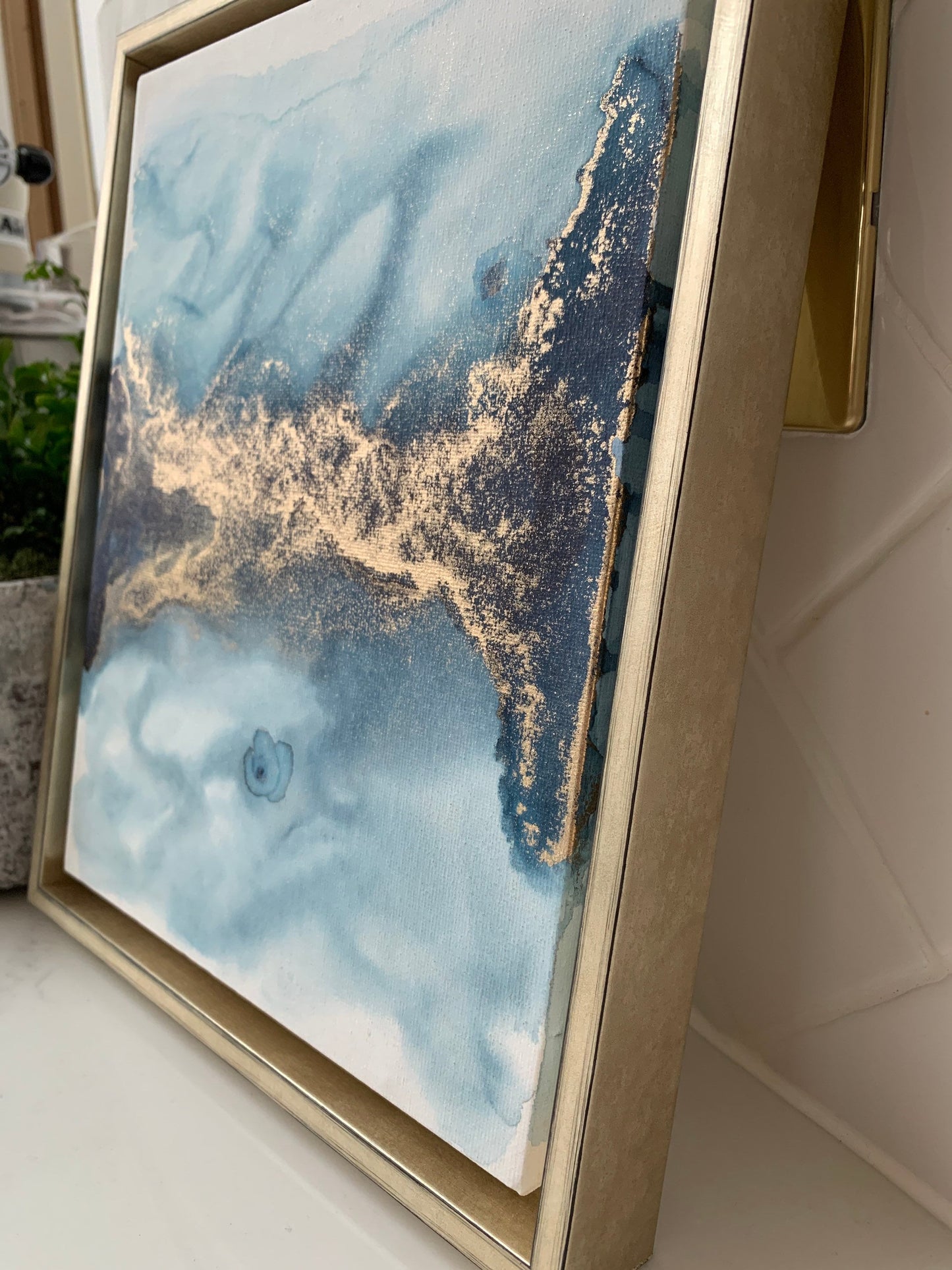 Serenity Horizon: The Warmth of Gold in a Midnight Blue Sky Ink 10x8 inch Canvas