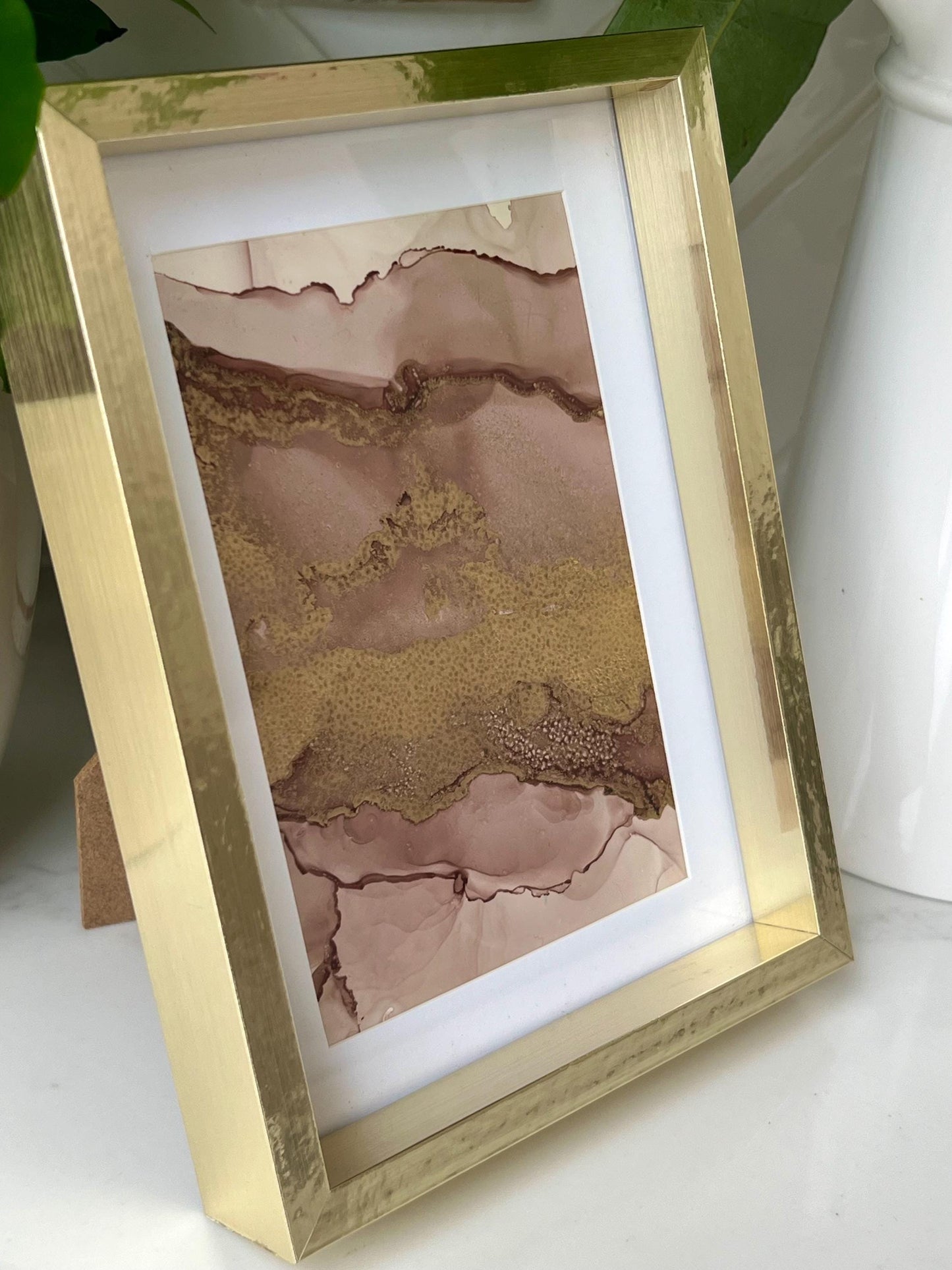 Sunlit Serenity: Soft Gold & Pink in Harmony Metallic Ink 7x5 inch Painting