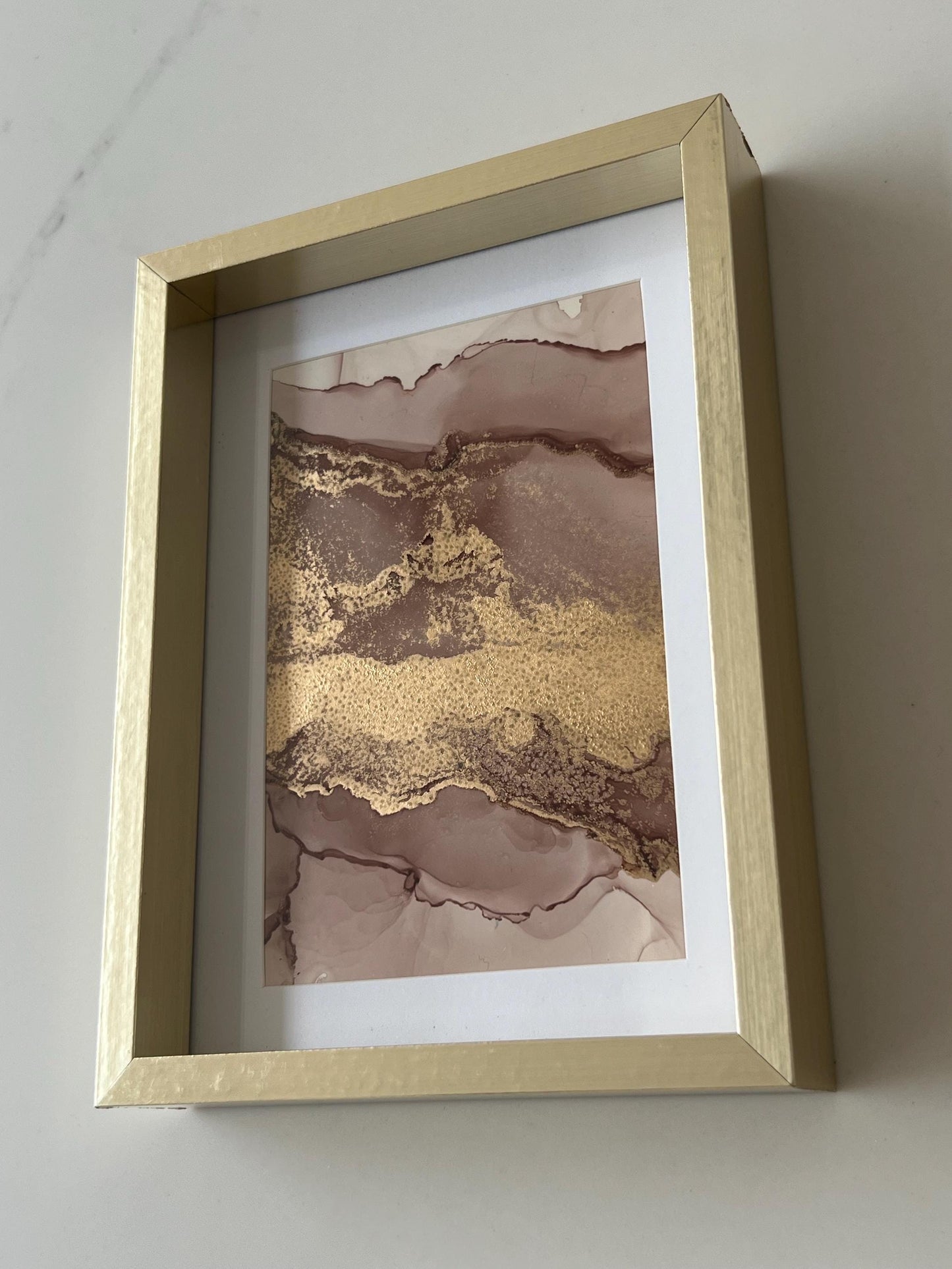 Sunlit Serenity: Soft Gold & Pink in Harmony Metallic Ink 7x5 inch Painting