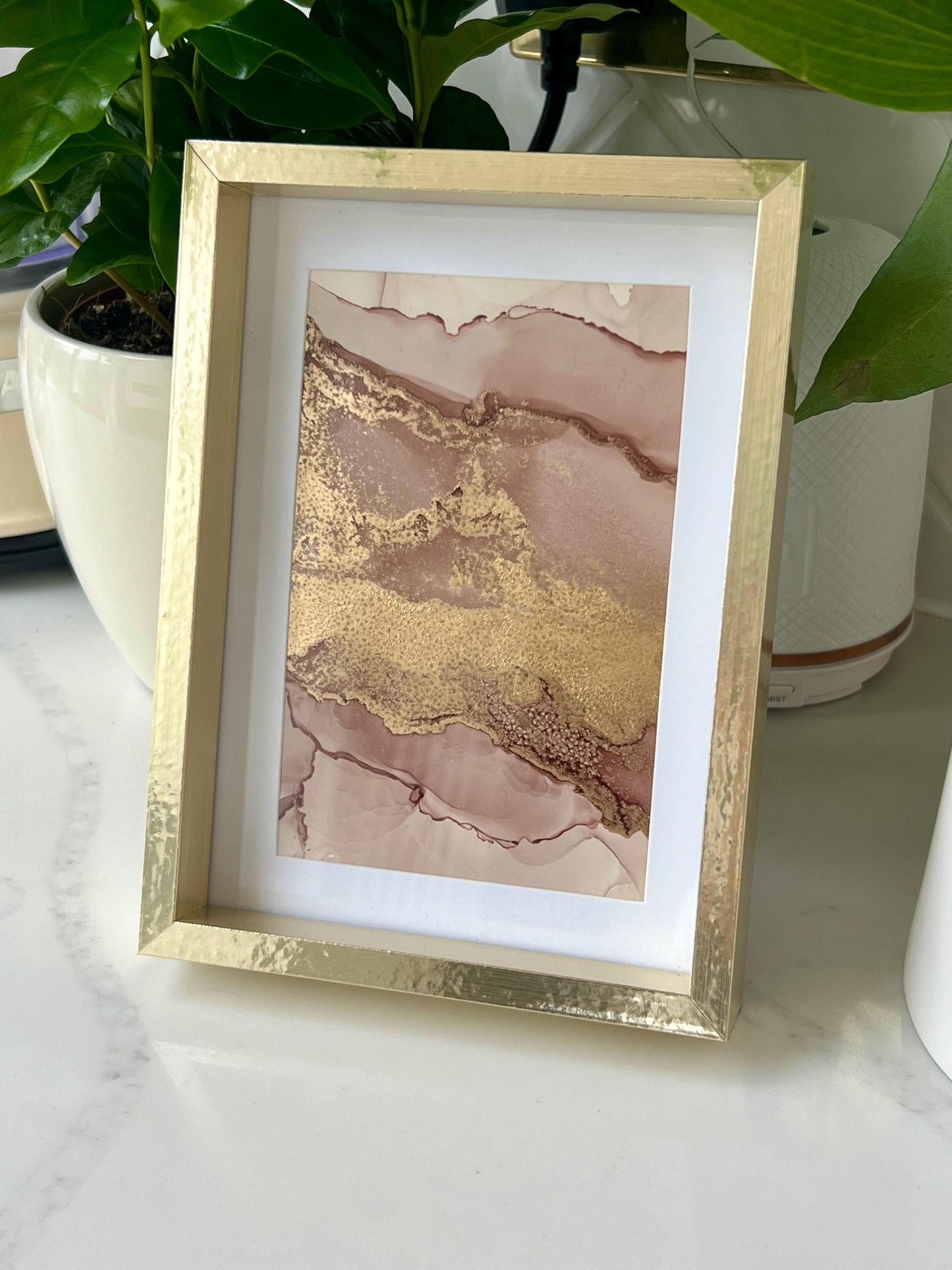 Sunlit Serenity: Soft Gold & Pink in Harmony Metallic Ink 7x5 inch Painting