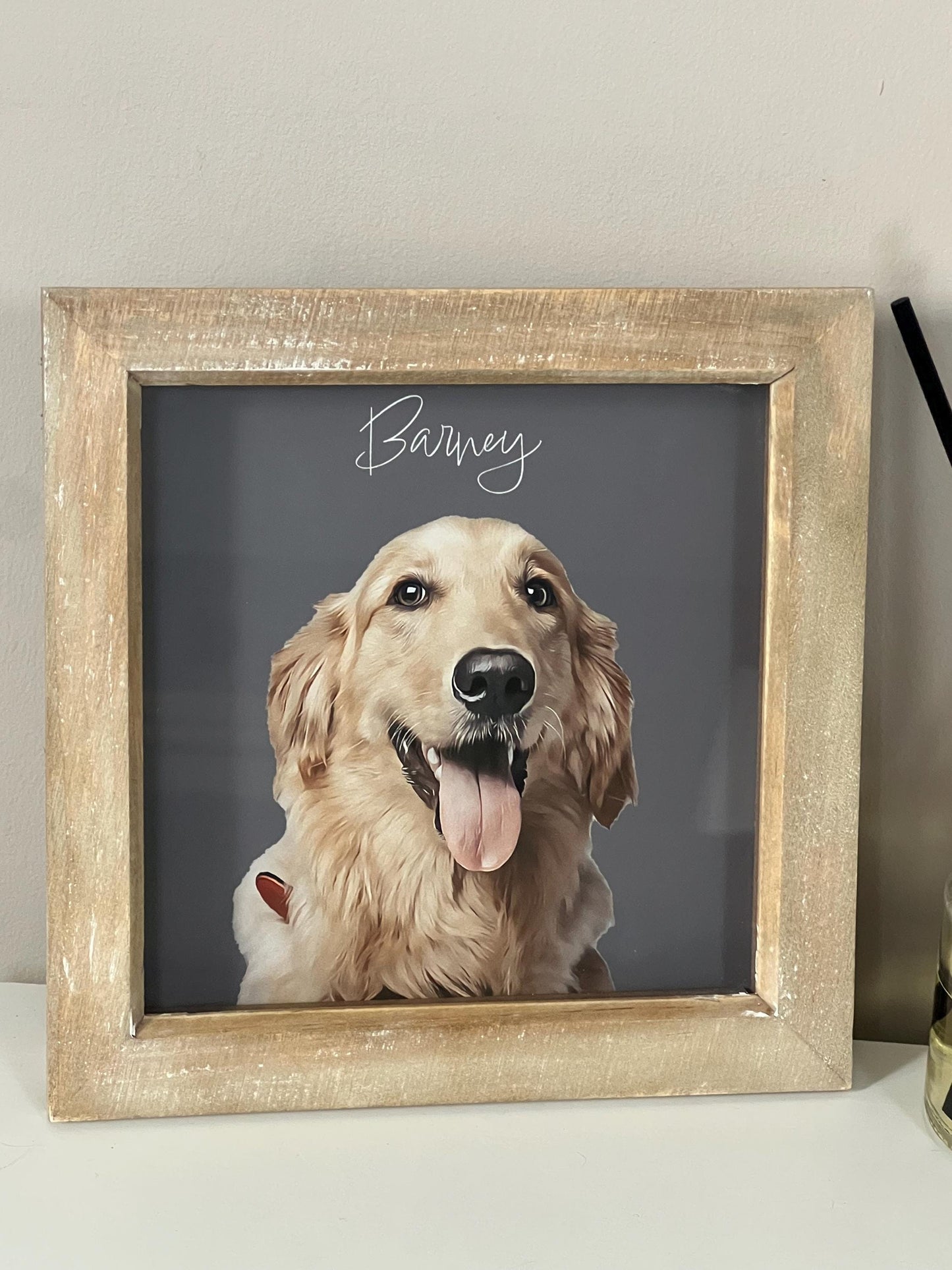 A custom digital pet portrait of a golden retriever dog named Barney, displayed in a wooden frame.