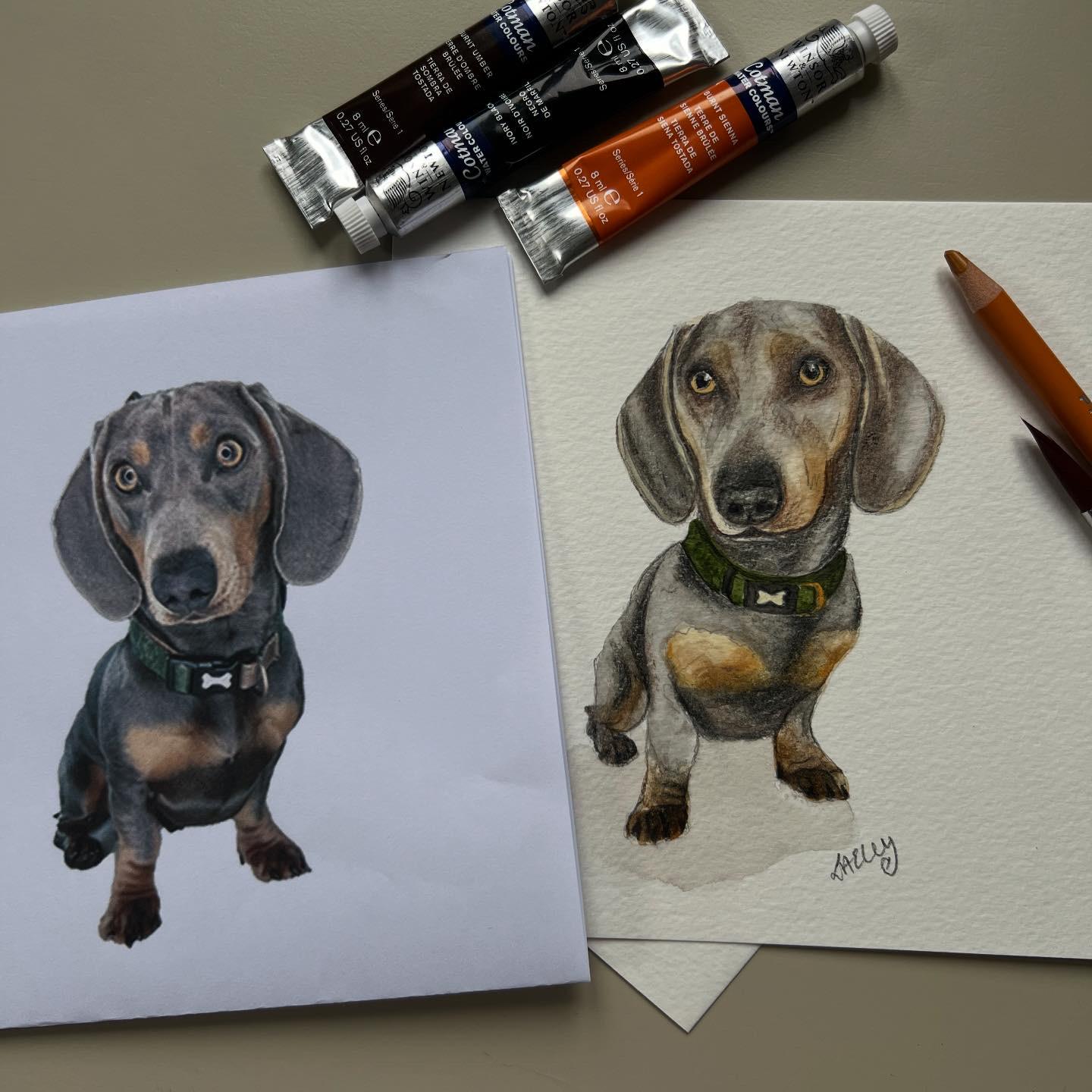 A custom watercolour pet portrait of a dachshund dog named Buddy, displayed with original photo and paint tubes.