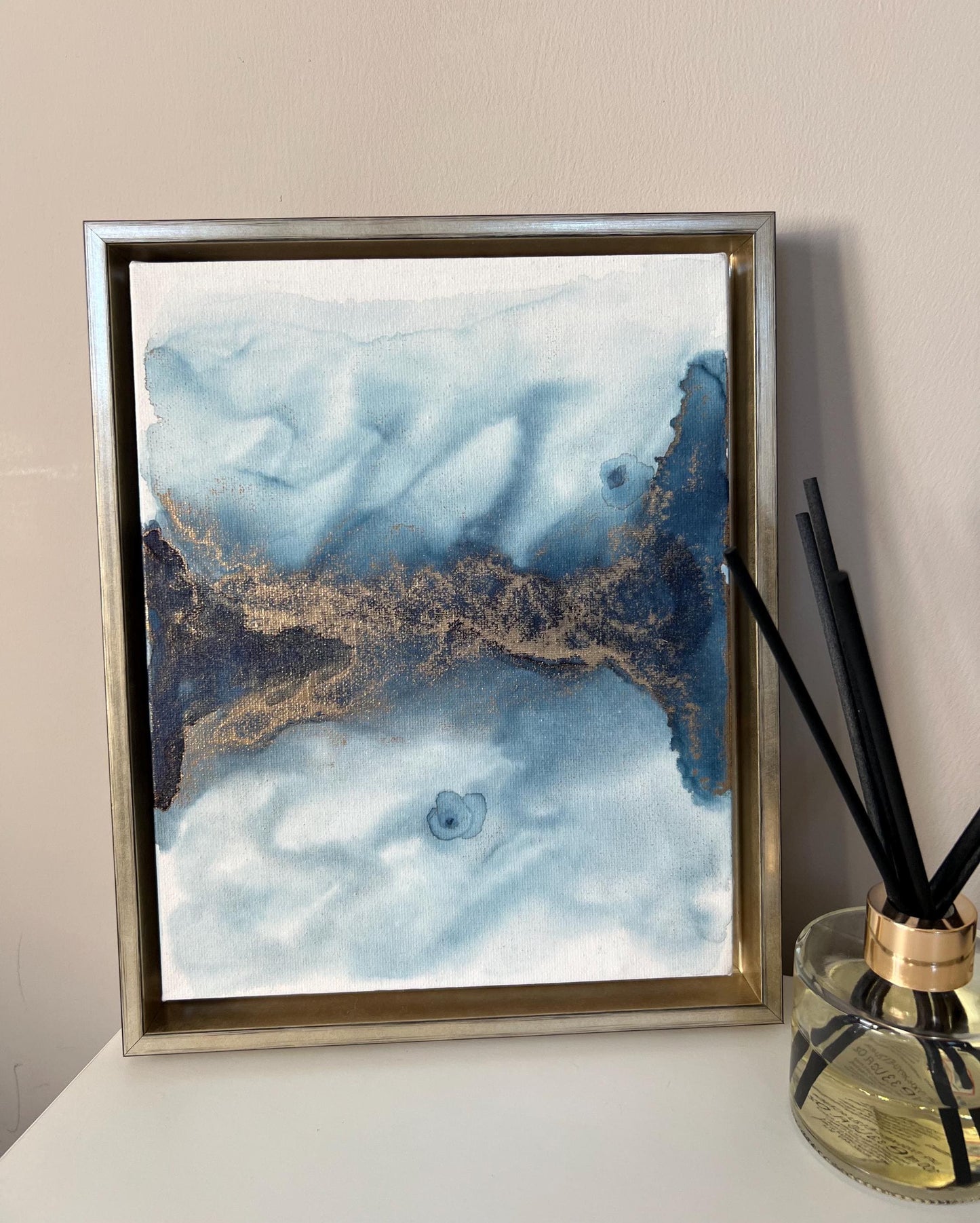 Serenity Horizon: The Warmth of Gold in a Midnight Blue Sky Ink 10x8 inch Canvas