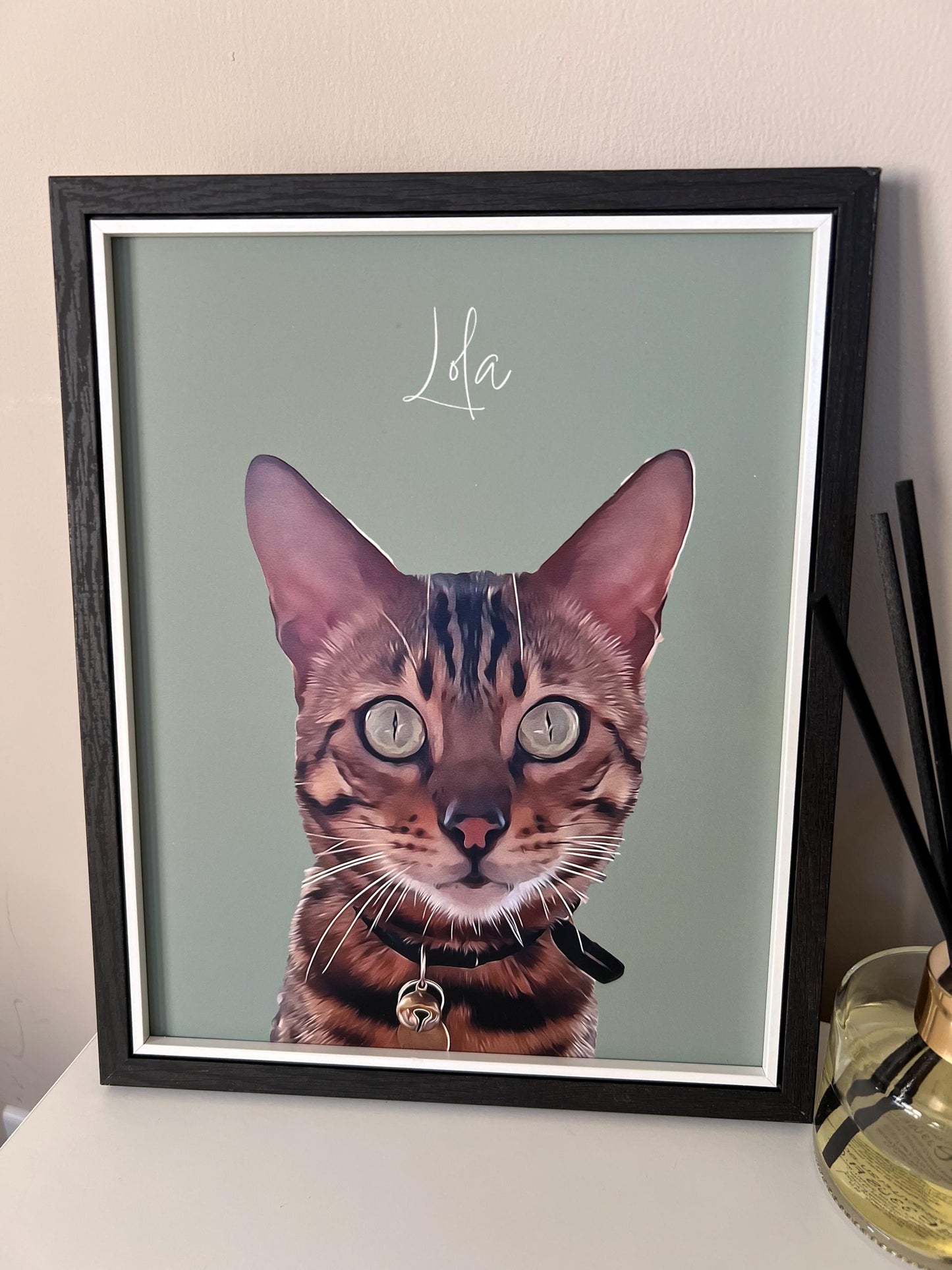 A custom digital pet portrait of a Bengal cat named Lola, displayed in a black frame with a green background.