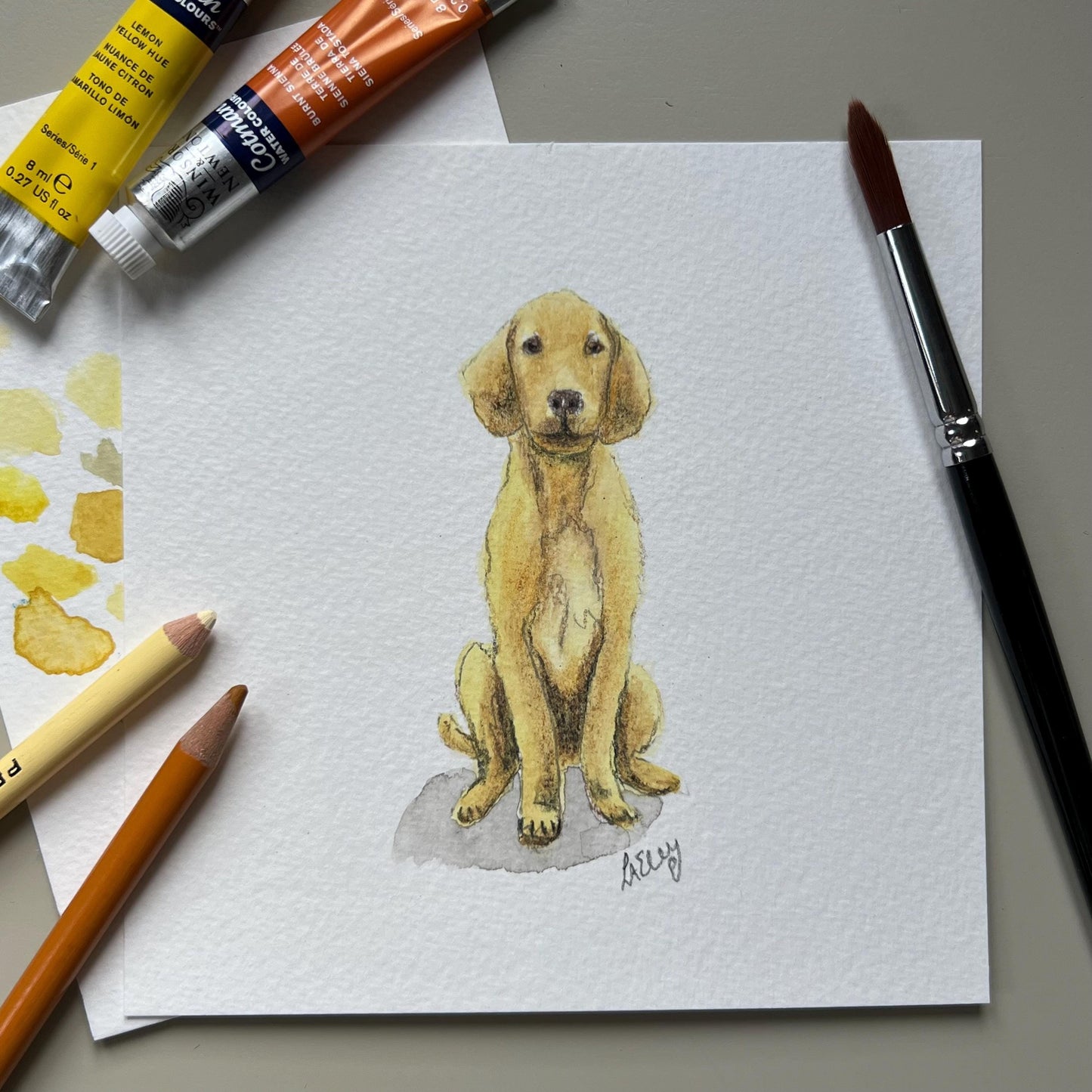 A custom watercolour portrait of a yellow golden retriever dog, with paint and pencil supplies.