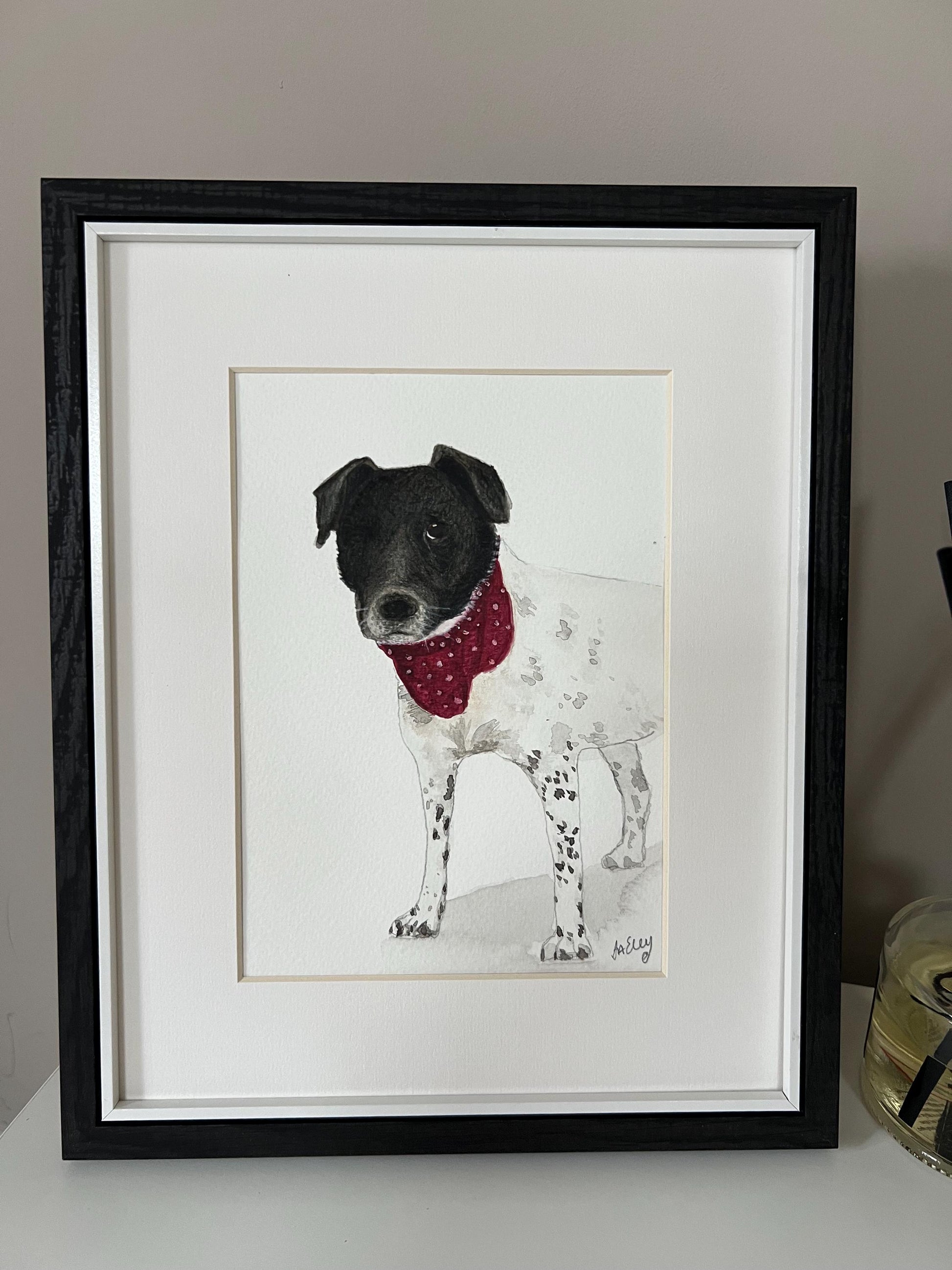 A custom watercolour pet portrait of a Jack Russell dog, displayed with in a black wooden frame with white mount.
