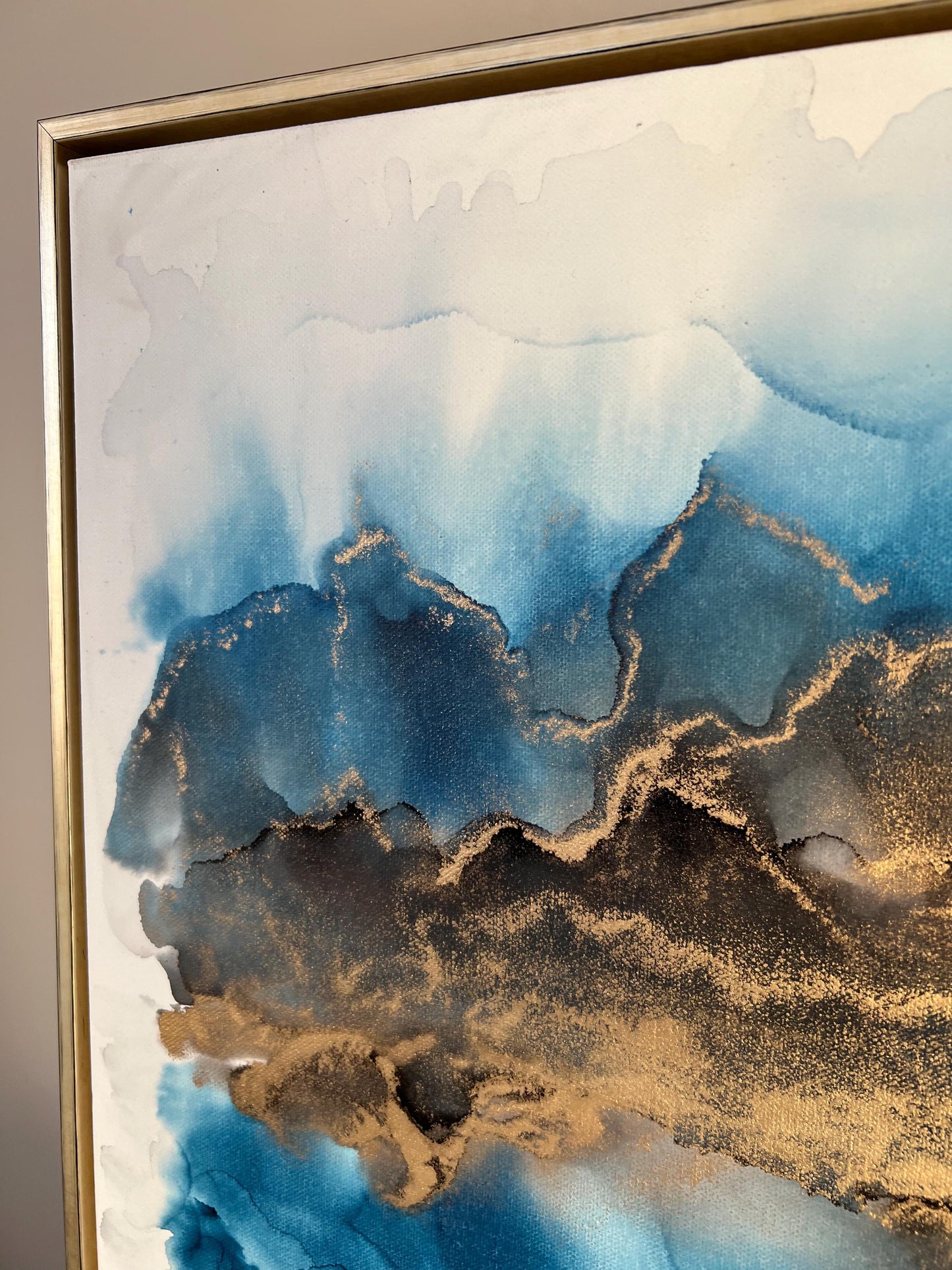 Golden Echoes: Fluid Motion in Blue & Gold Ink Large 50cm Canvas