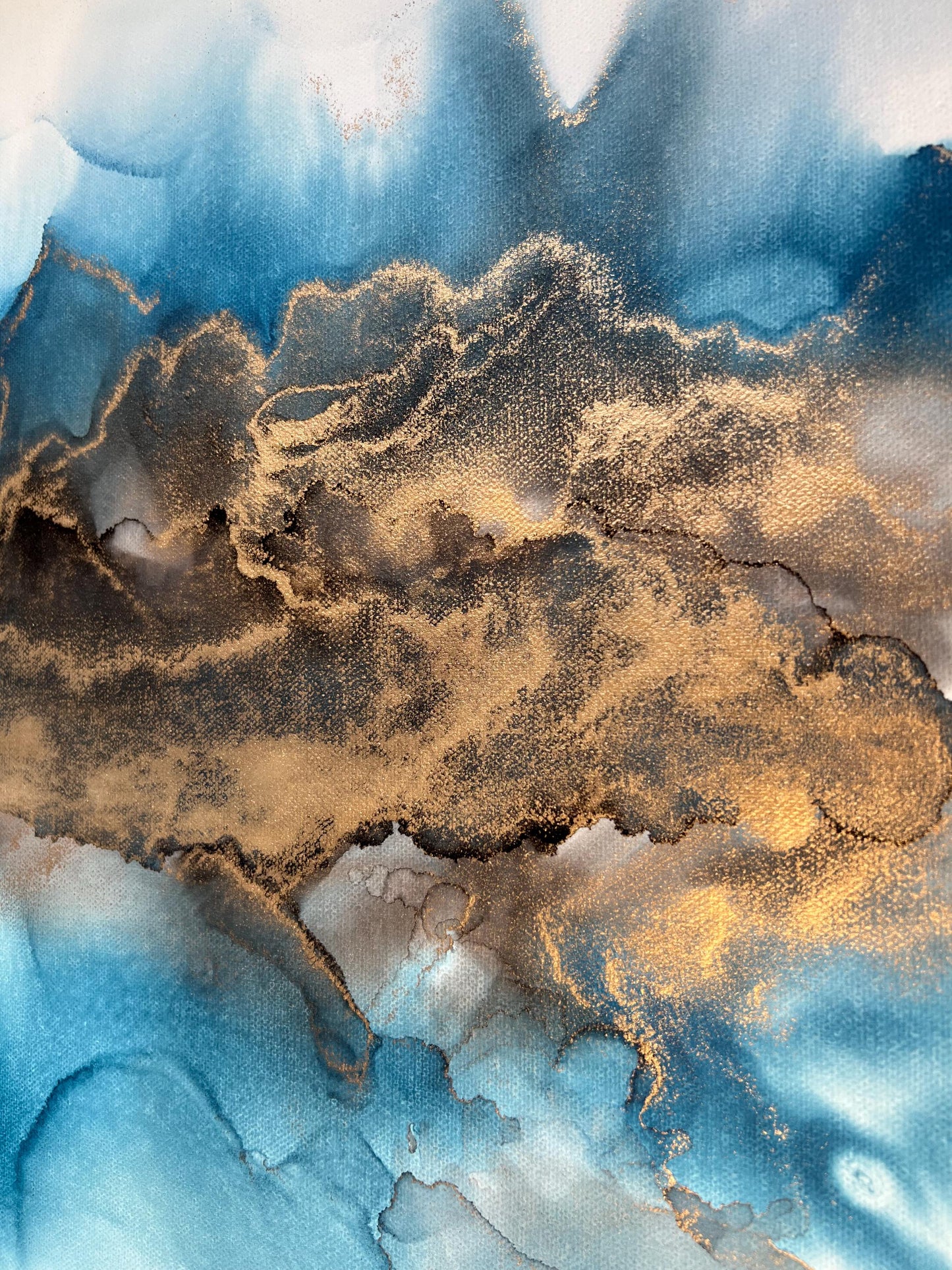 Golden Echoes: Fluid Motion in Blue & Gold Ink Large 50cm Canvas