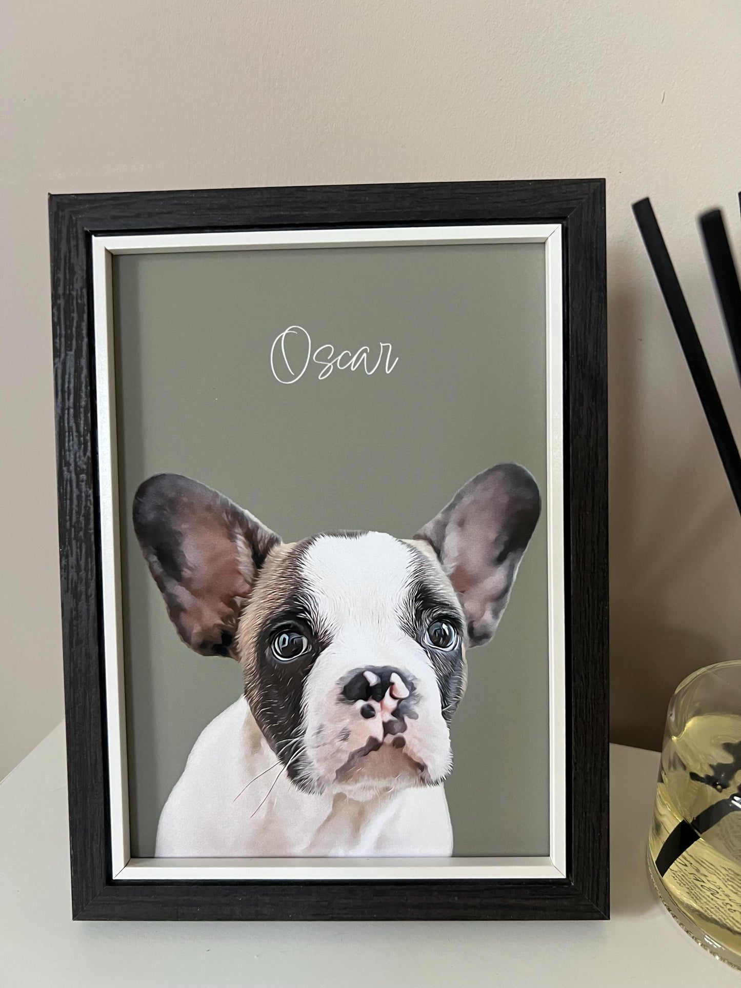 A custom digital pet portrait of a french bulldog puppy dog named Oscar, displayed in a black frame with green background.
