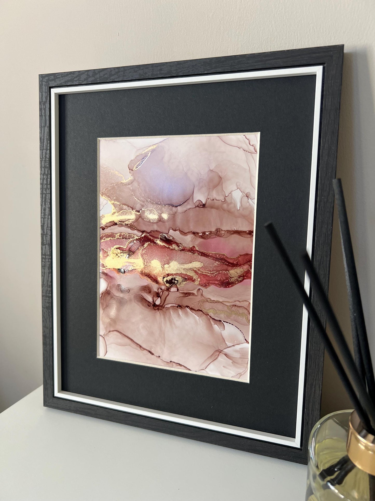 Flame & Luxe: Bold Pink and Gold Metallic Ink Art A5 Painting