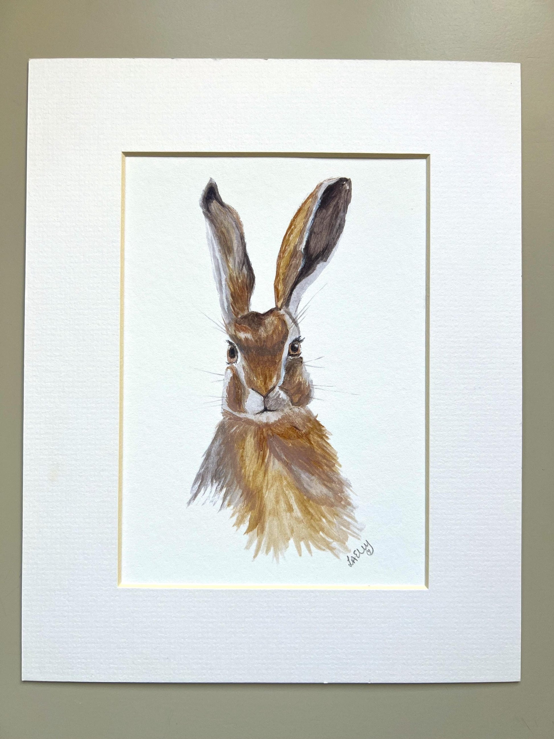 Watercolour hare in brown and grey tones in a white mount.