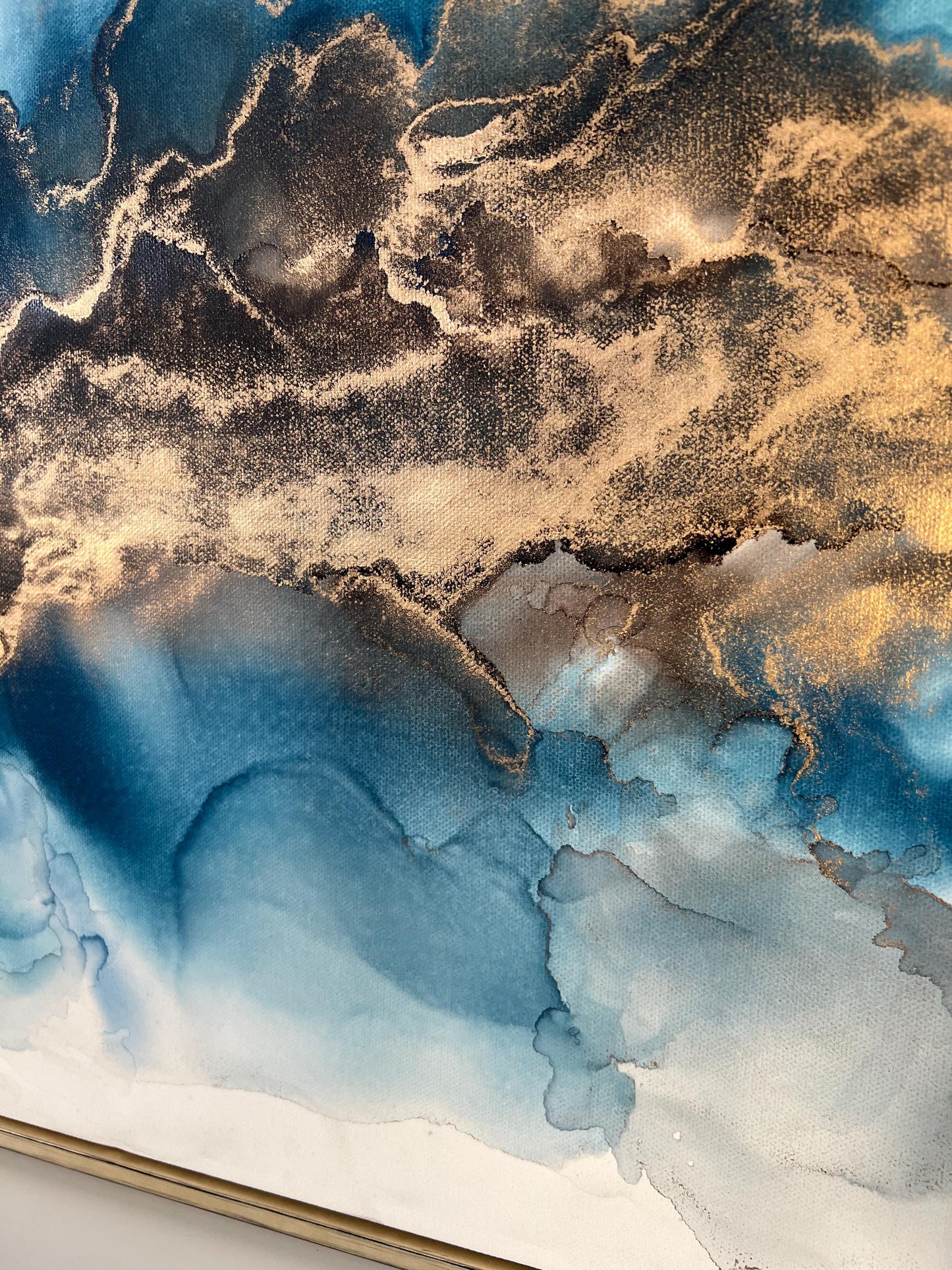 Golden Echoes: Fluid Motion in Blue & Gold Ink Large 50cm Canvas