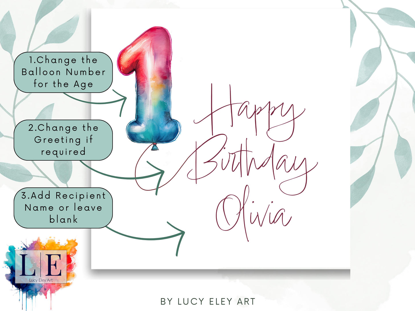 Celebrate in Style: Custom Birthday Card with Numbered Watercolour Balloons