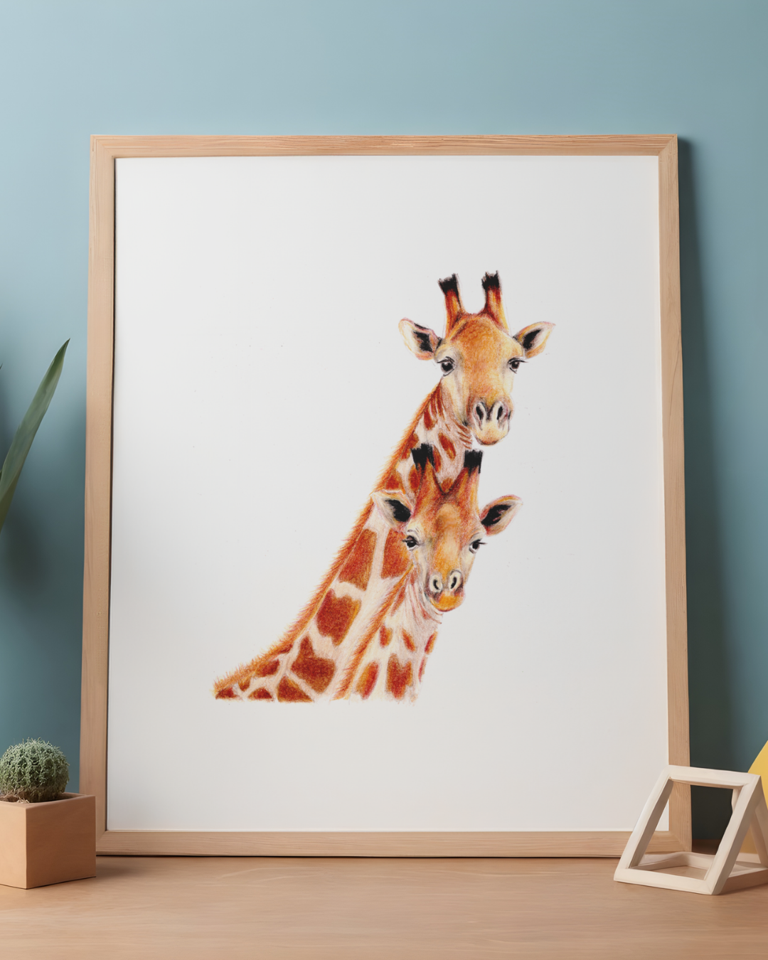 Giraffe Mum and Baby Pencil Illustration - Fine Art Print, Framed Animal Artwork