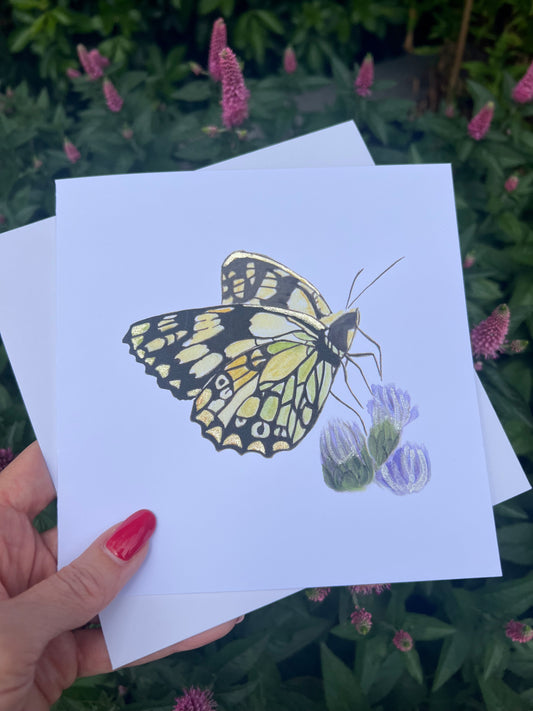 Butterfly illustration on a card with metallic accents held by a hand against a natural background.