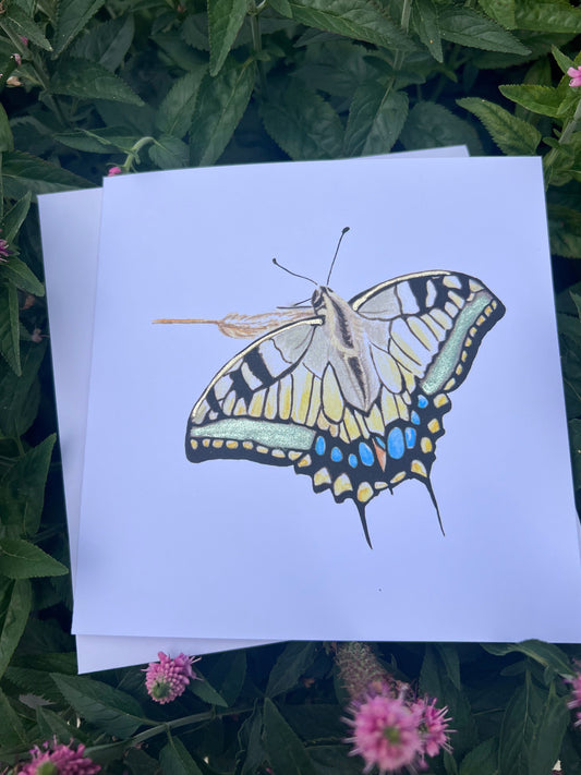 Swallowtail Butterfly illustration card with gold glitter accents on a white card with flowers and leaves around