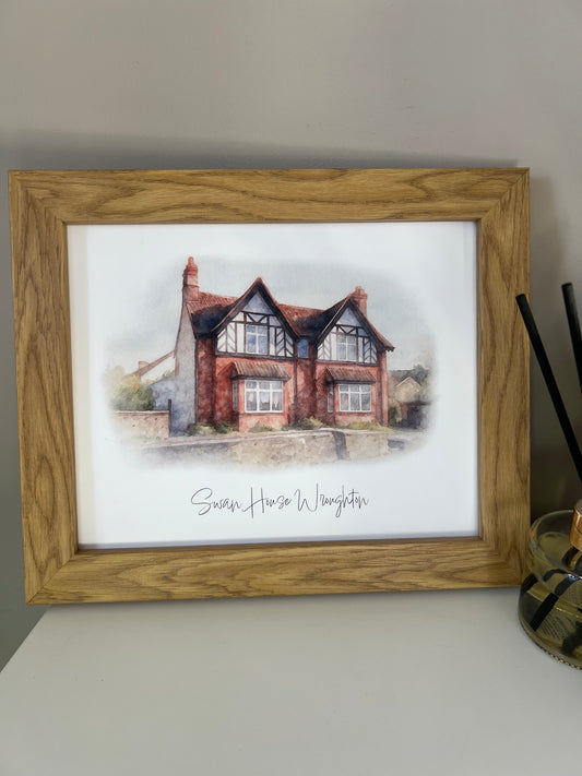 Framed artwork of a tudor style period house portrait in digital watercolour in an oak finish frame.