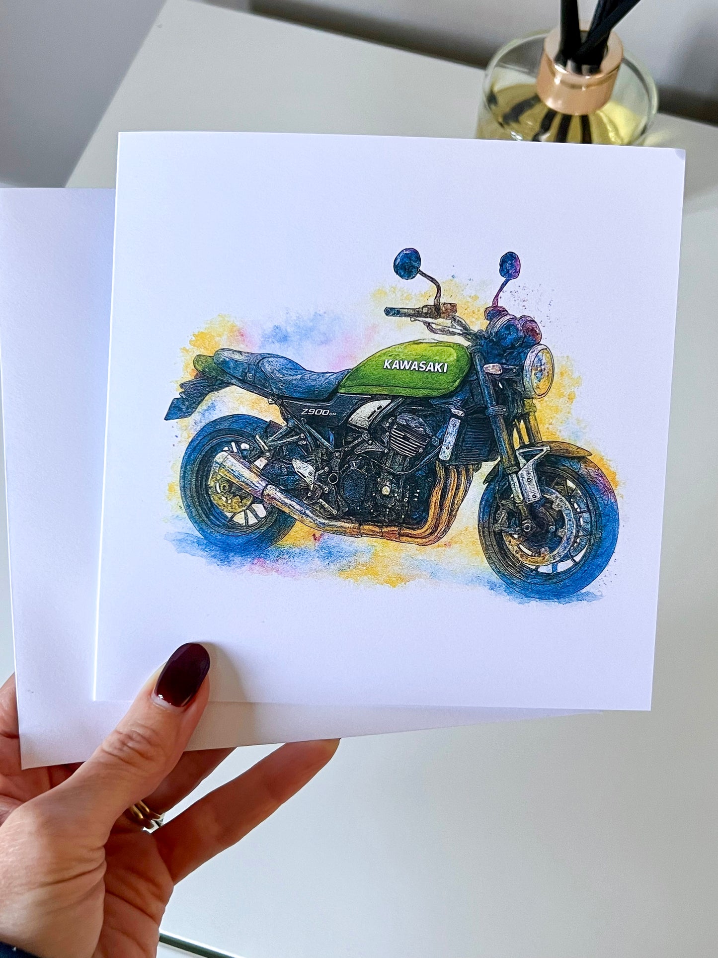 Motorbike-Car Birthday Card Custom made in Watercolour