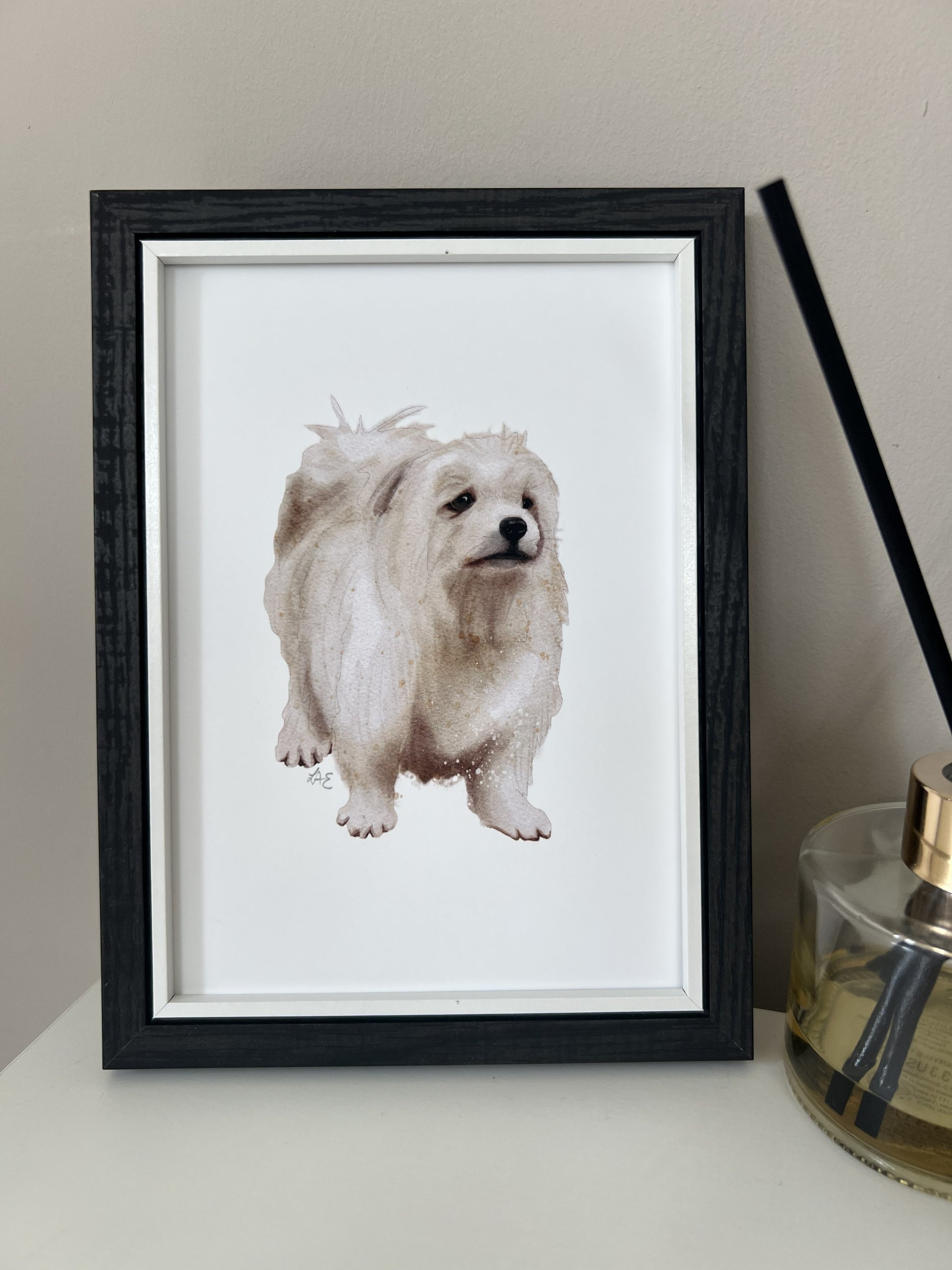 Framed print of a dog on a white surface with a neutral background