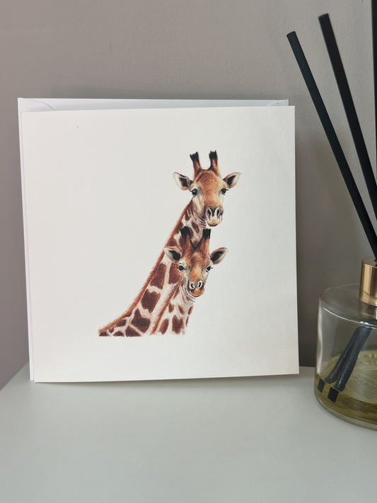 Giraffe Mum and Baby Art Card - Wildlife Illustration by UK Artist