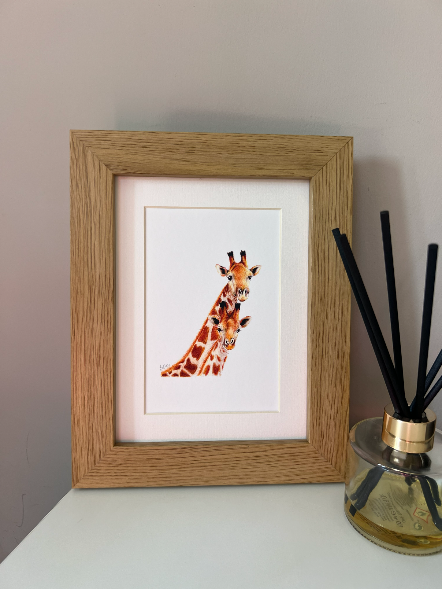 Giraffe Mum and Baby Pencil Illustration - Fine Art Print, Framed Animal Artwork