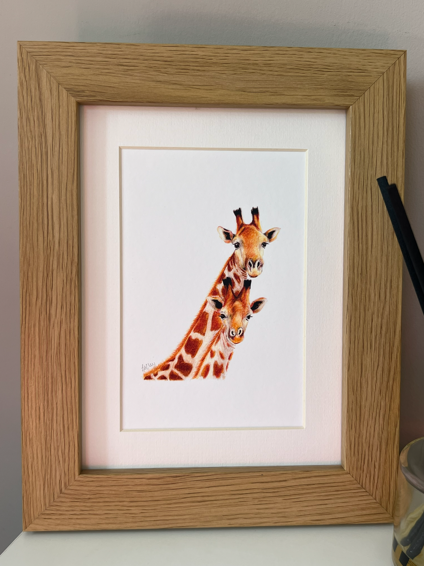 Giraffe Mum and Baby Pencil Illustration - Fine Art Print, Framed Animal Artwork