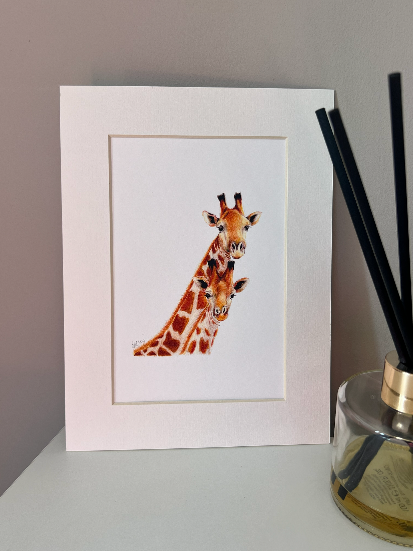 Giraffe Mum and Baby Pencil Illustration - Fine Art Print, Framed Animal Artwork