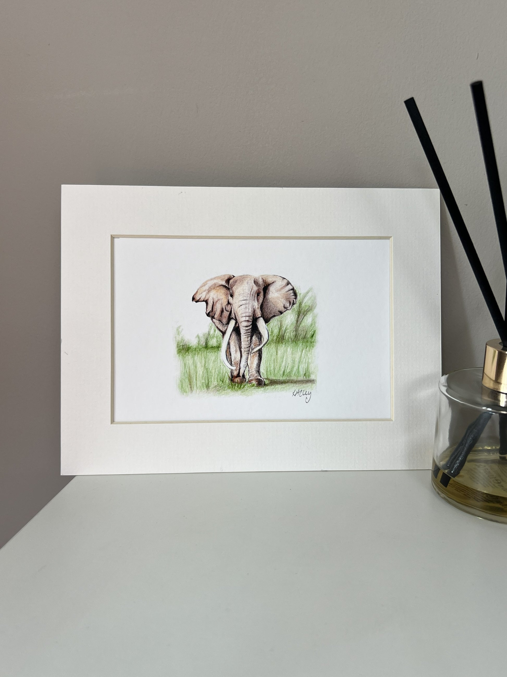 A pencil illustration of an elephant standing in grass, displayed in an ivory mount, on a white surface next to a glass reed diffuser against a neutral gray wall.