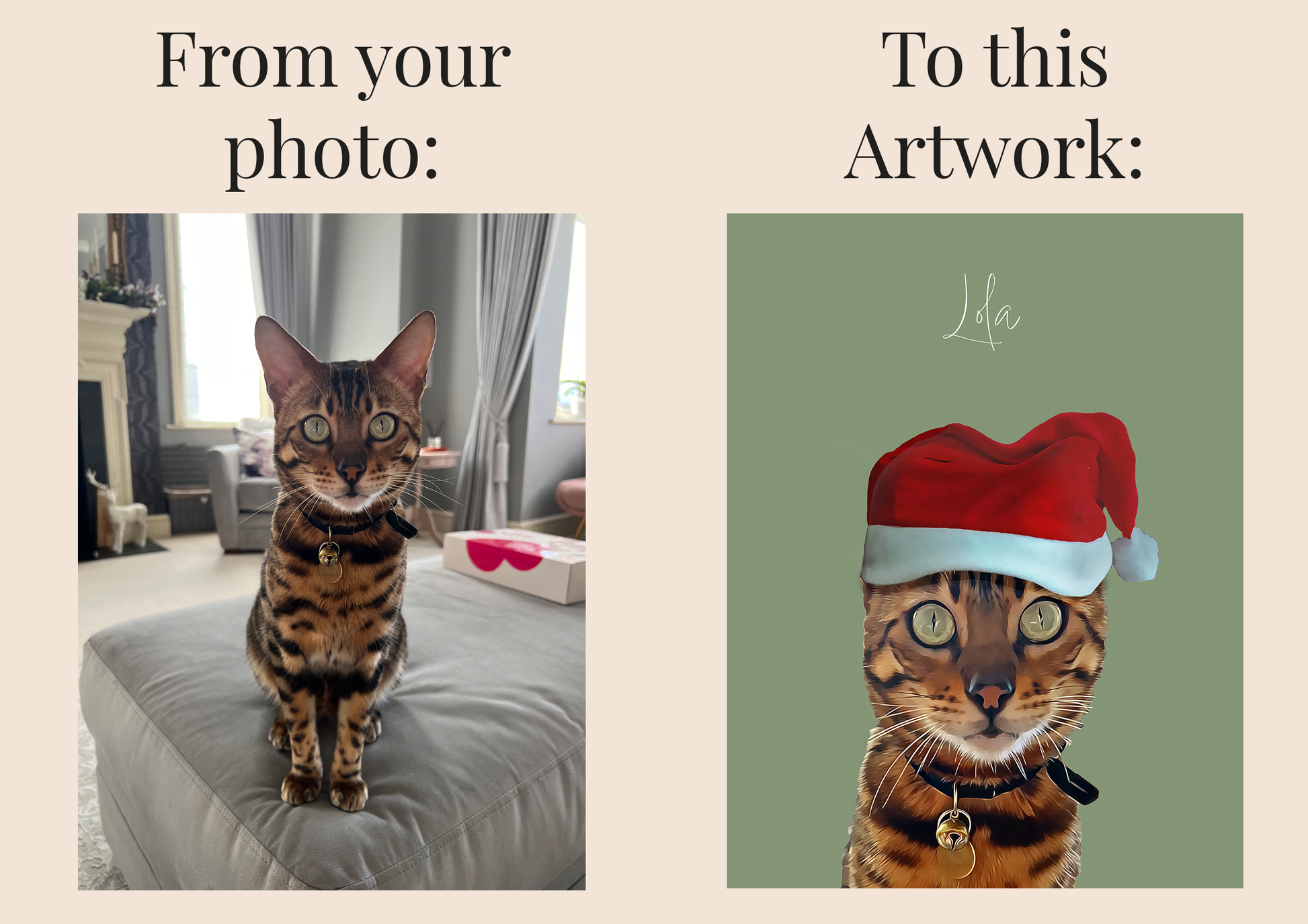 An original photograph of a Cat on a couch with text 'From your photo: To this Artwork:' and the resulting digital pet portrait of the same cat on a green background wearing a Santa hat.