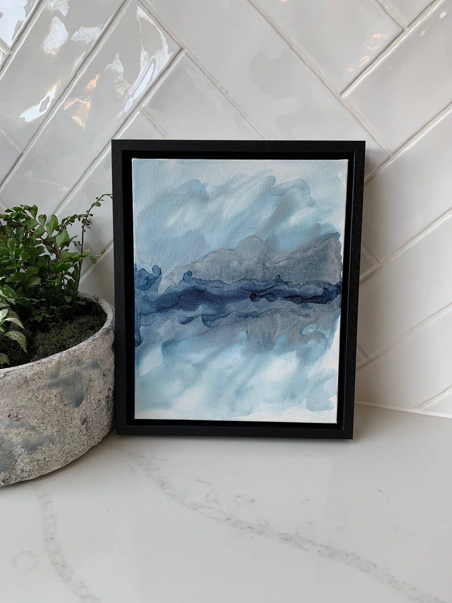 Celestial Calm: Midnight Blues and Radiant Silver Ink 10x8 inch Canvas