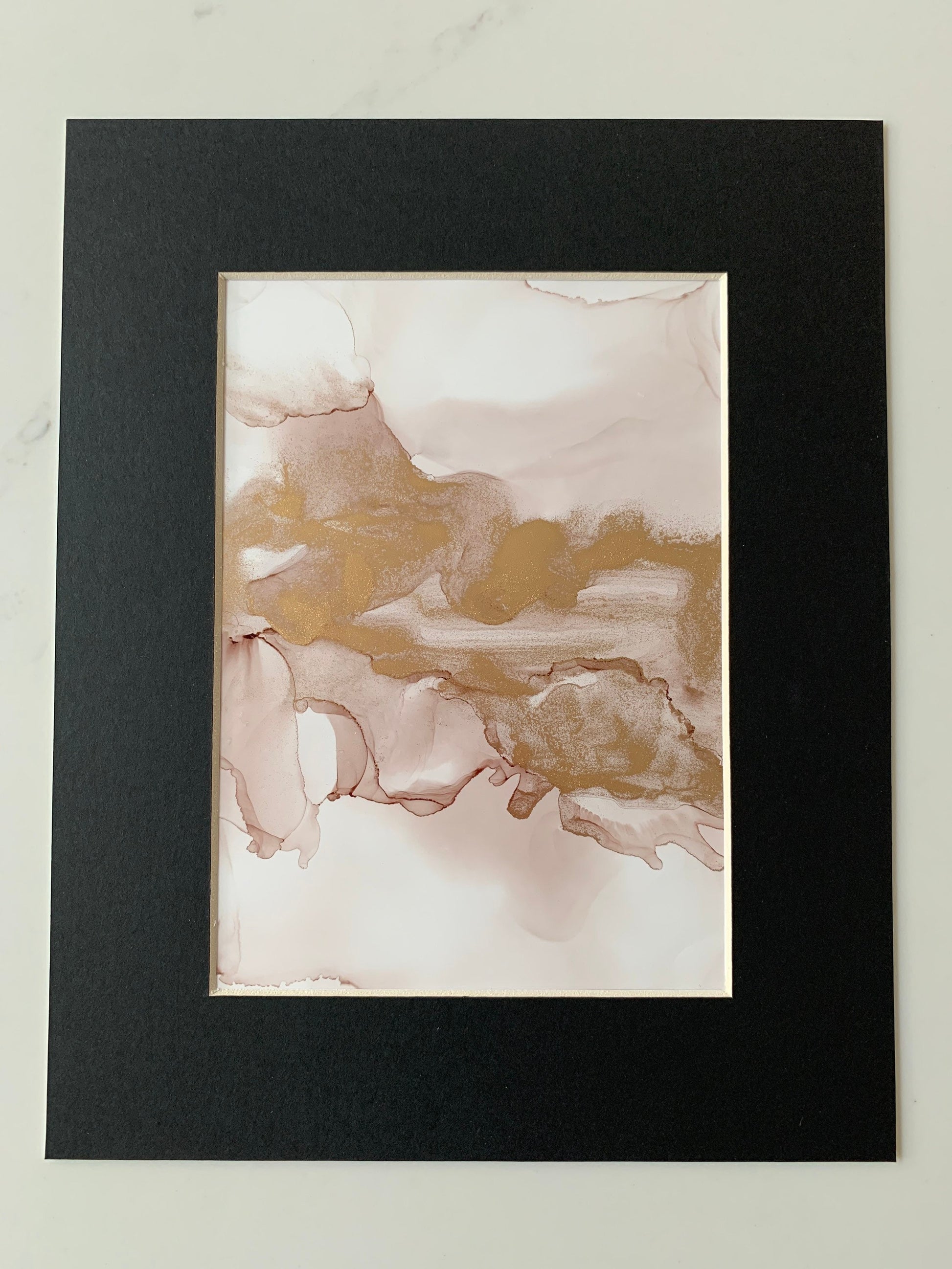 An A5 size contemporary ink painting with pink and gold metallic colours.
