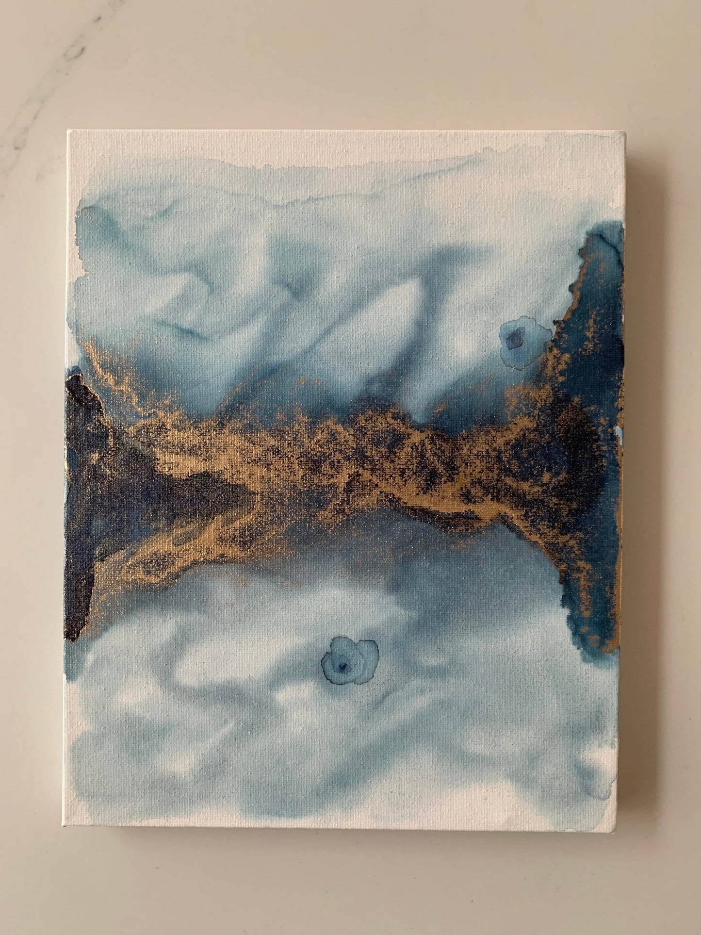 Serenity Horizon: The Warmth of Gold in a Midnight Blue Sky Ink 10x8 inch Canvas