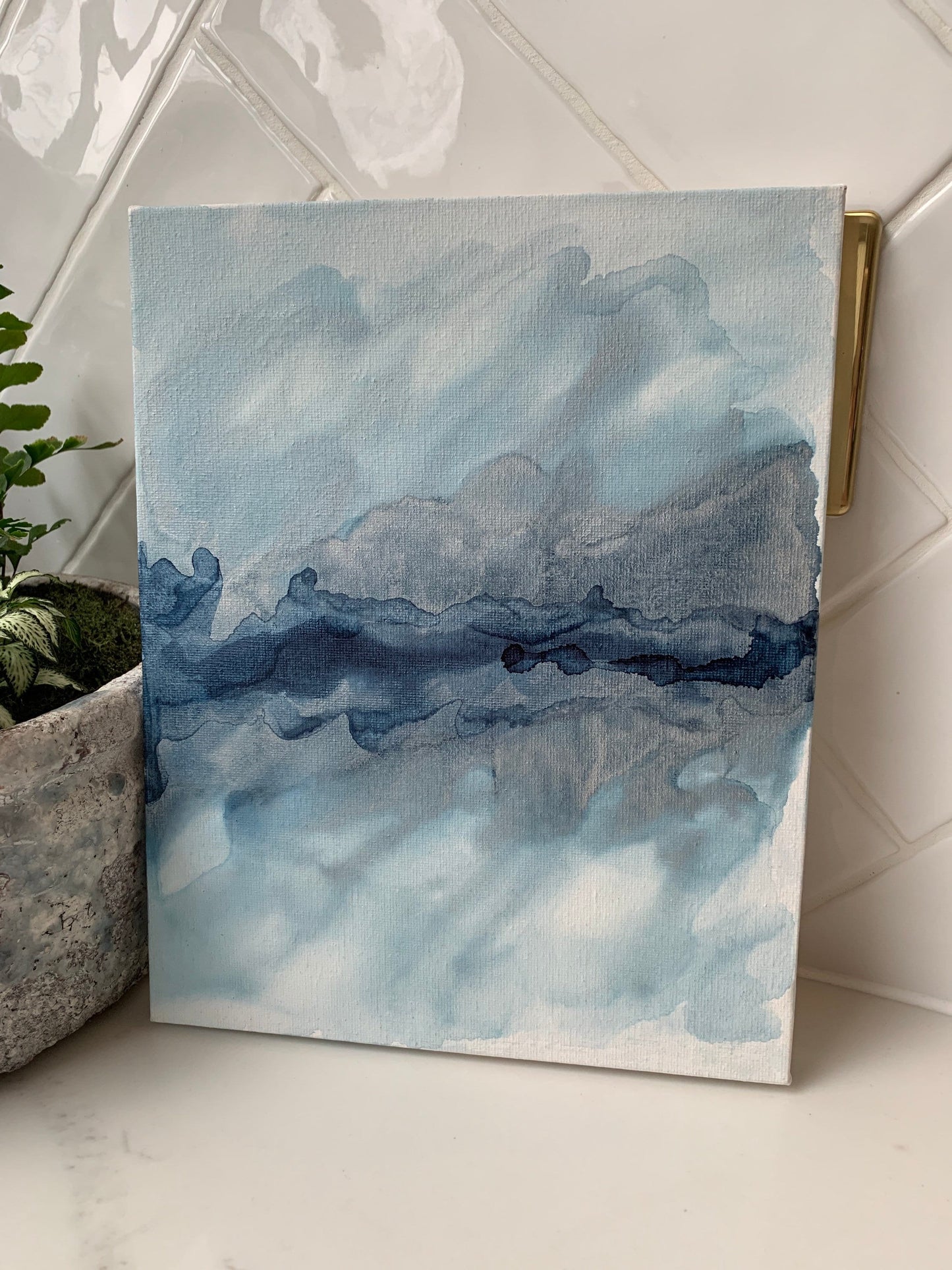 Celestial Calm: Midnight Blues and Radiant Silver Ink 10x8 inch Canvas