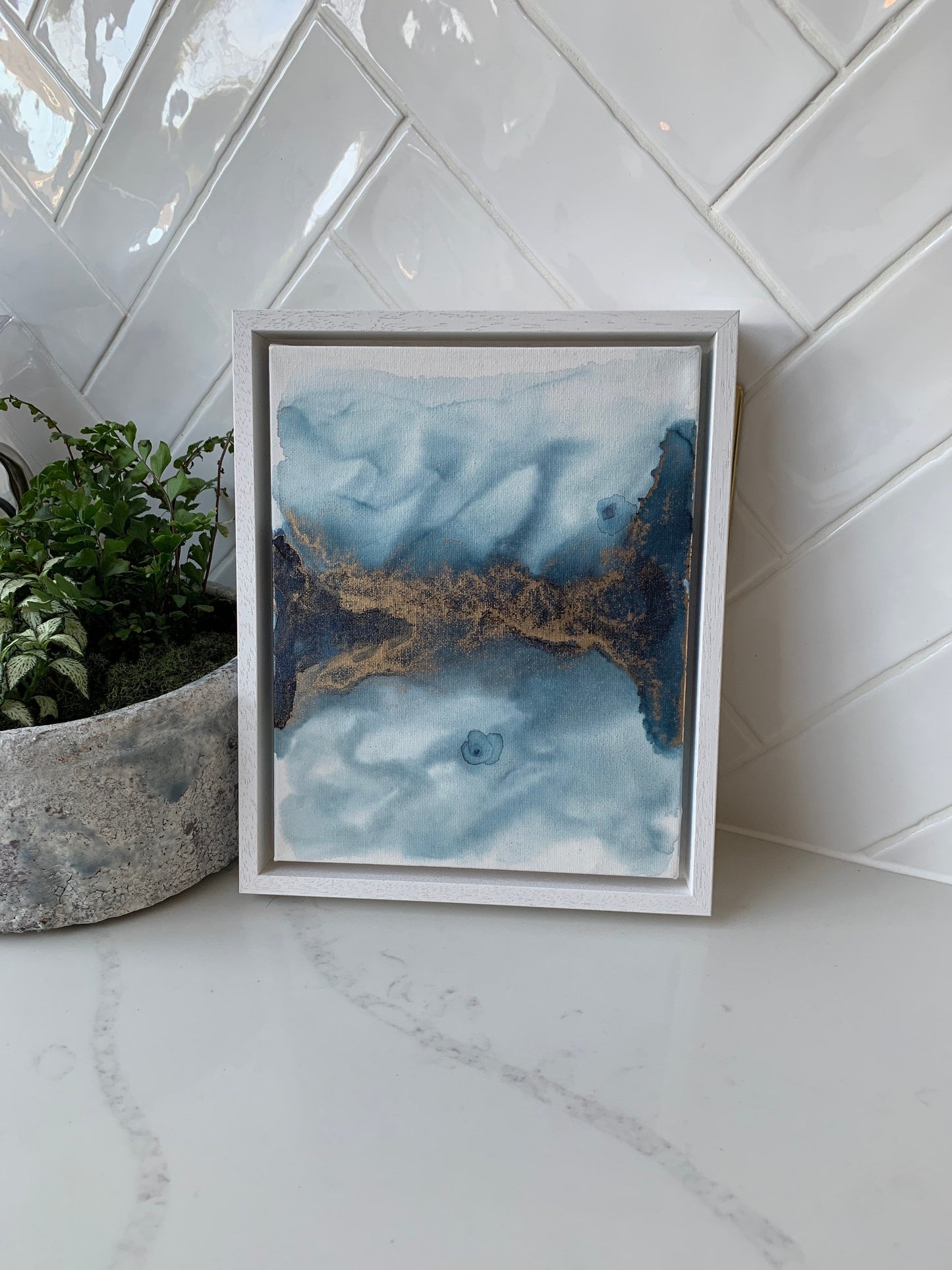 Serenity Horizon: The Warmth of Gold in a Midnight Blue Sky Ink 10x8 inch Canvas